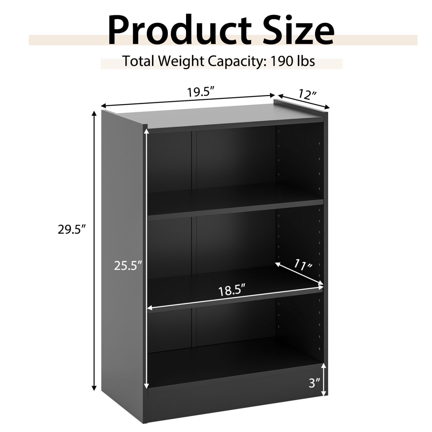 Costway 3-Tier Bookcase Open Multipurpose Display Rack Cabinet with Adjustable Shelves