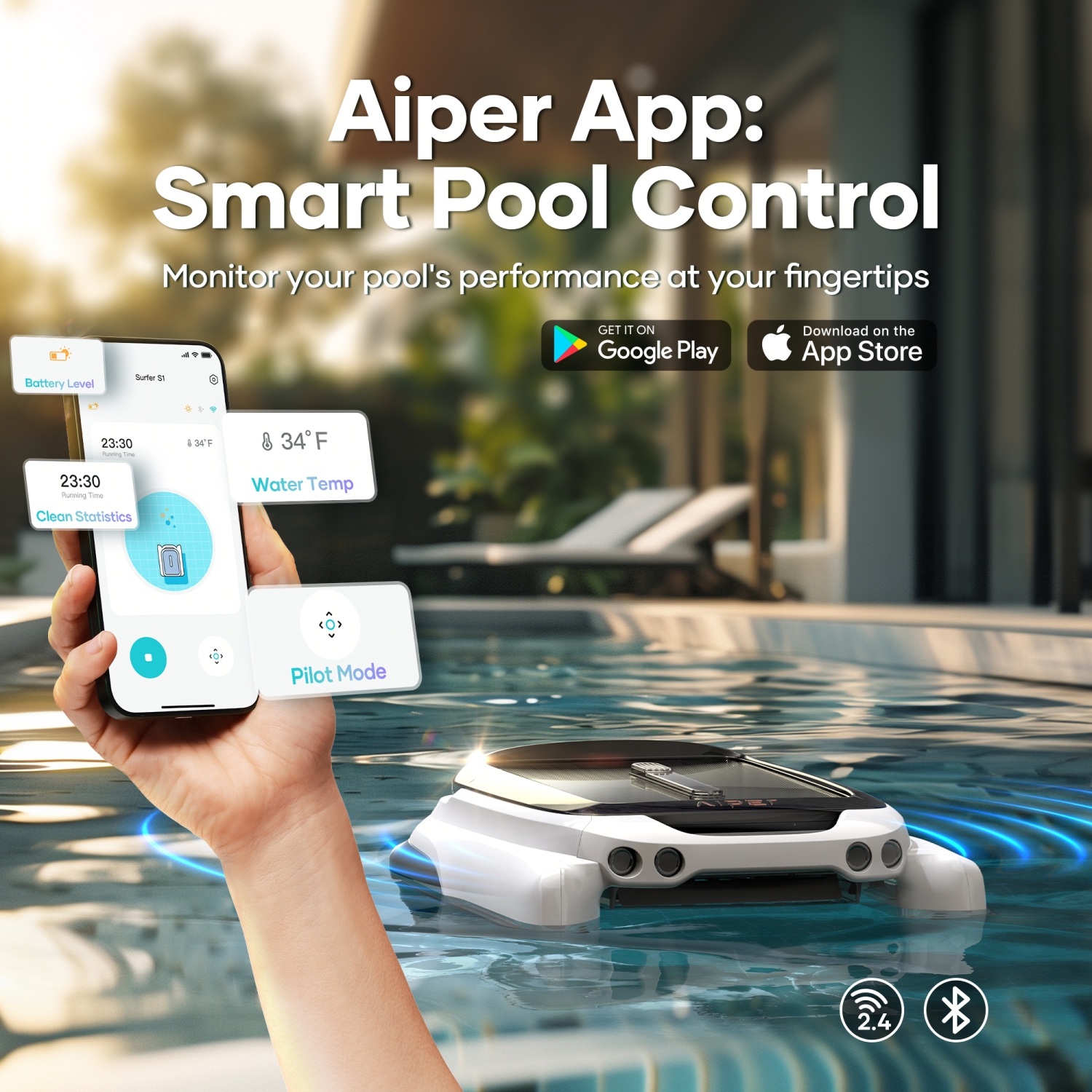 Robot nettoyeur d'écumoire de piscine automatique à énergie solaire Aiper de Surfer M1 , durée de vie 12 heures, contrôle par application, détection