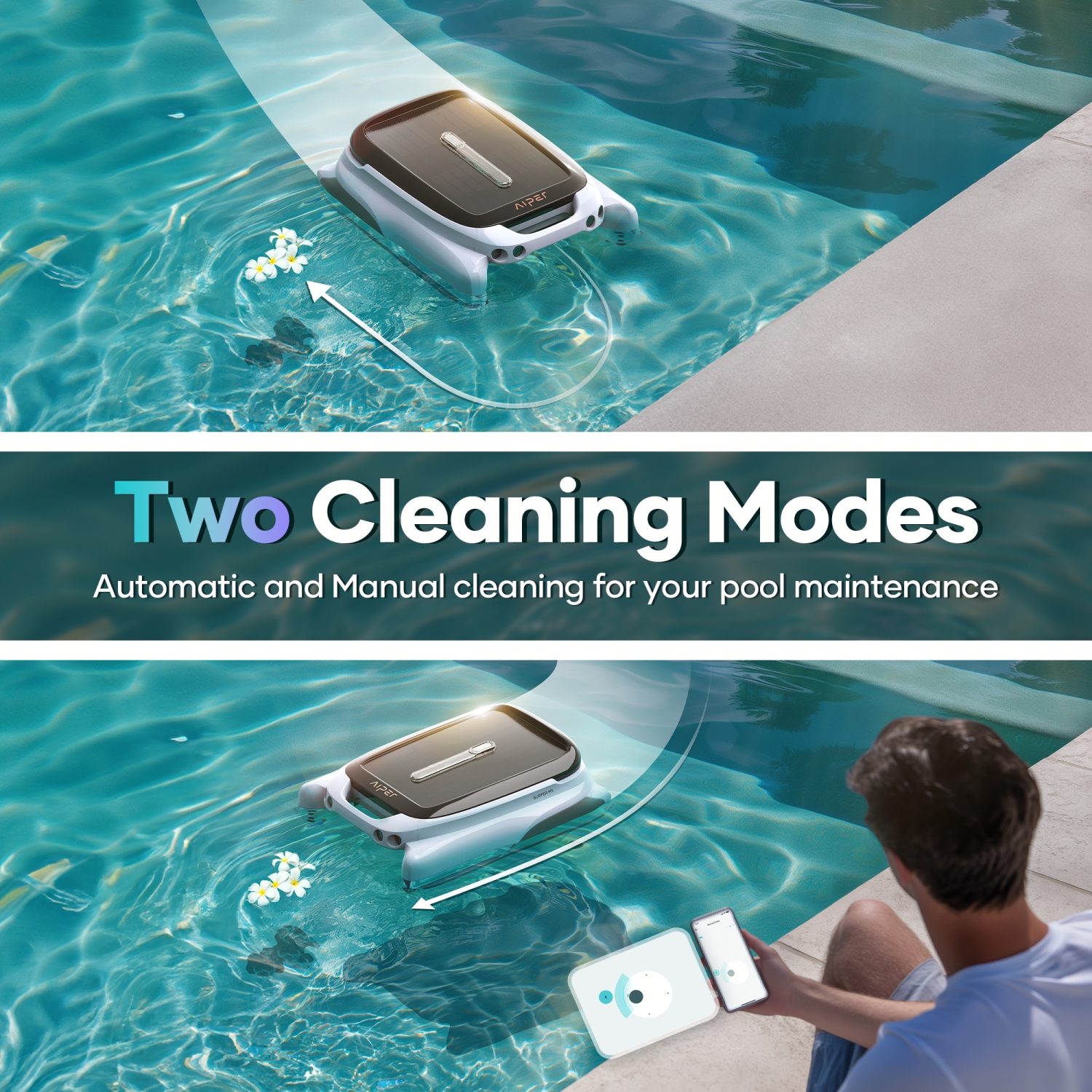 Robot nettoyeur d'écumoire de piscine automatique à énergie solaire Aiper de Surfer M1 , durée de vie 12 heures, contrôle par application, détection