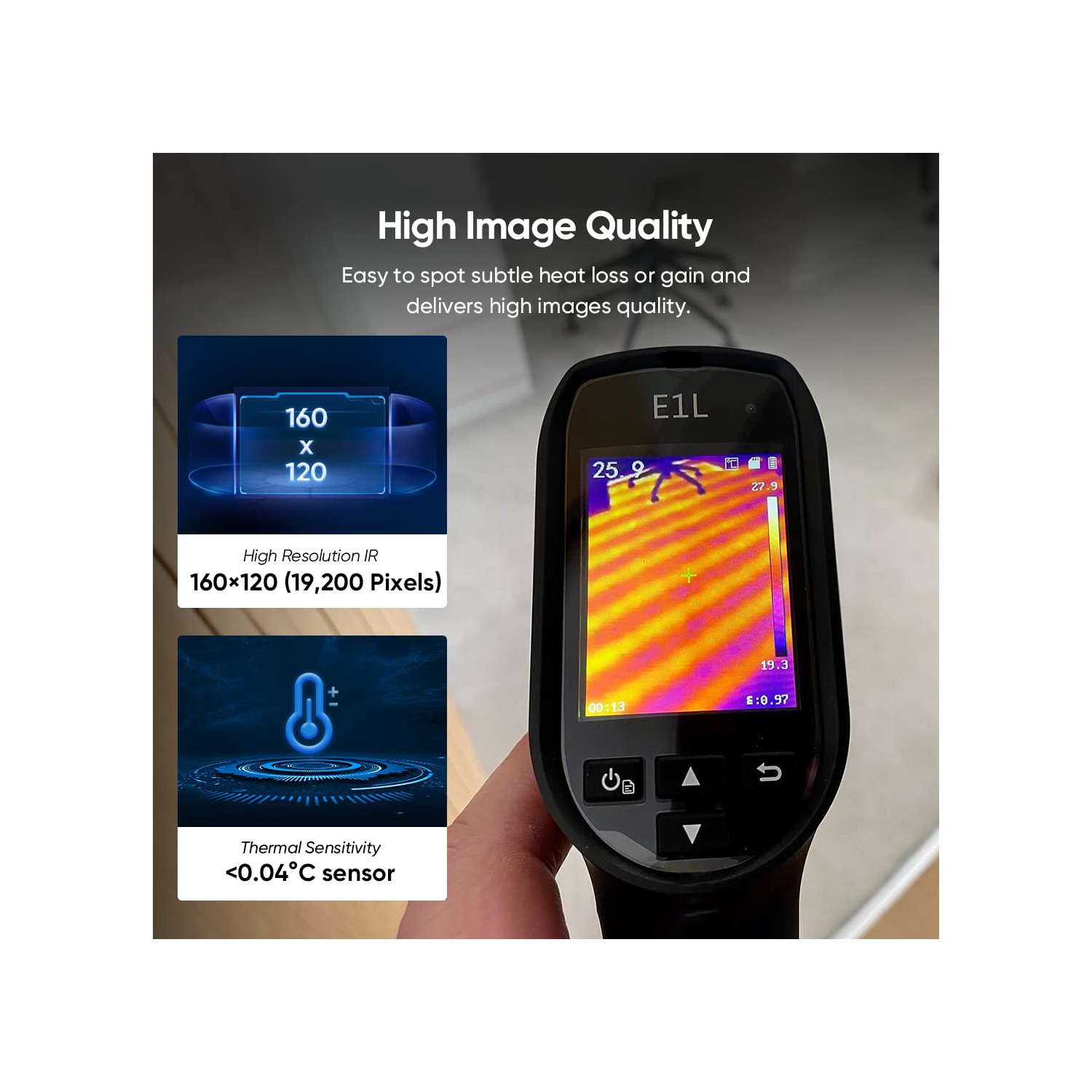 Remis à neuf - caméra d'imagerie thermique compacte HIKMICRO E1&nbsp;L, résolution IR 160 x 120/19200 pixels, taux de rafraîchissement 25&nbsp;Hz