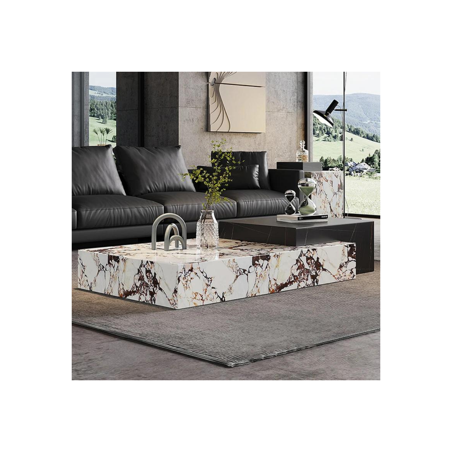 LivinVeluris Marble Nesting Coffee Table - Black & White