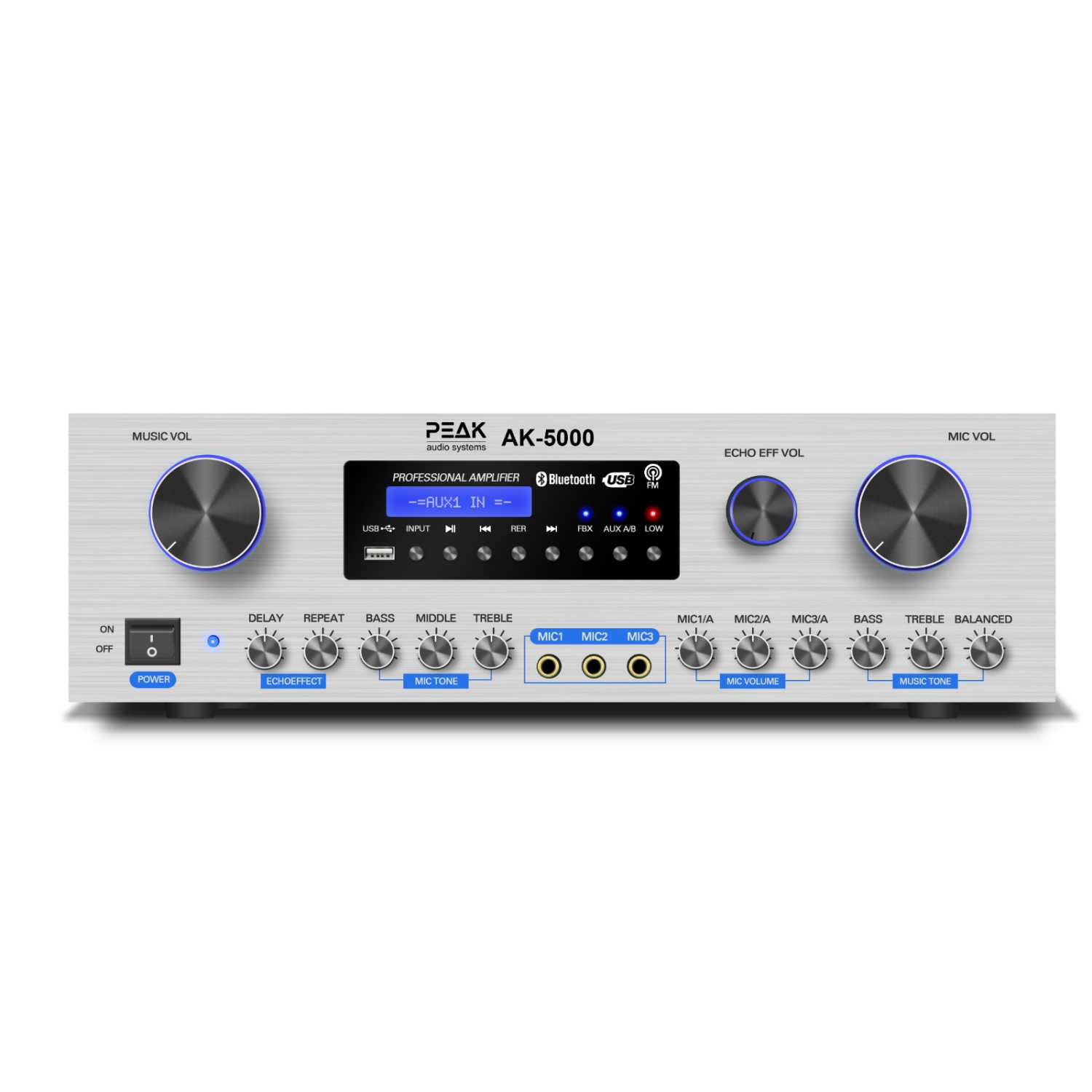 PEAK Karaoke Platinum Bluetooth Amplifier: Feedback Eliminator, Loudness Feature, Echo, 4 Speaker connections, AM/FM, AUX - PK-AMP-004 (SILVER)