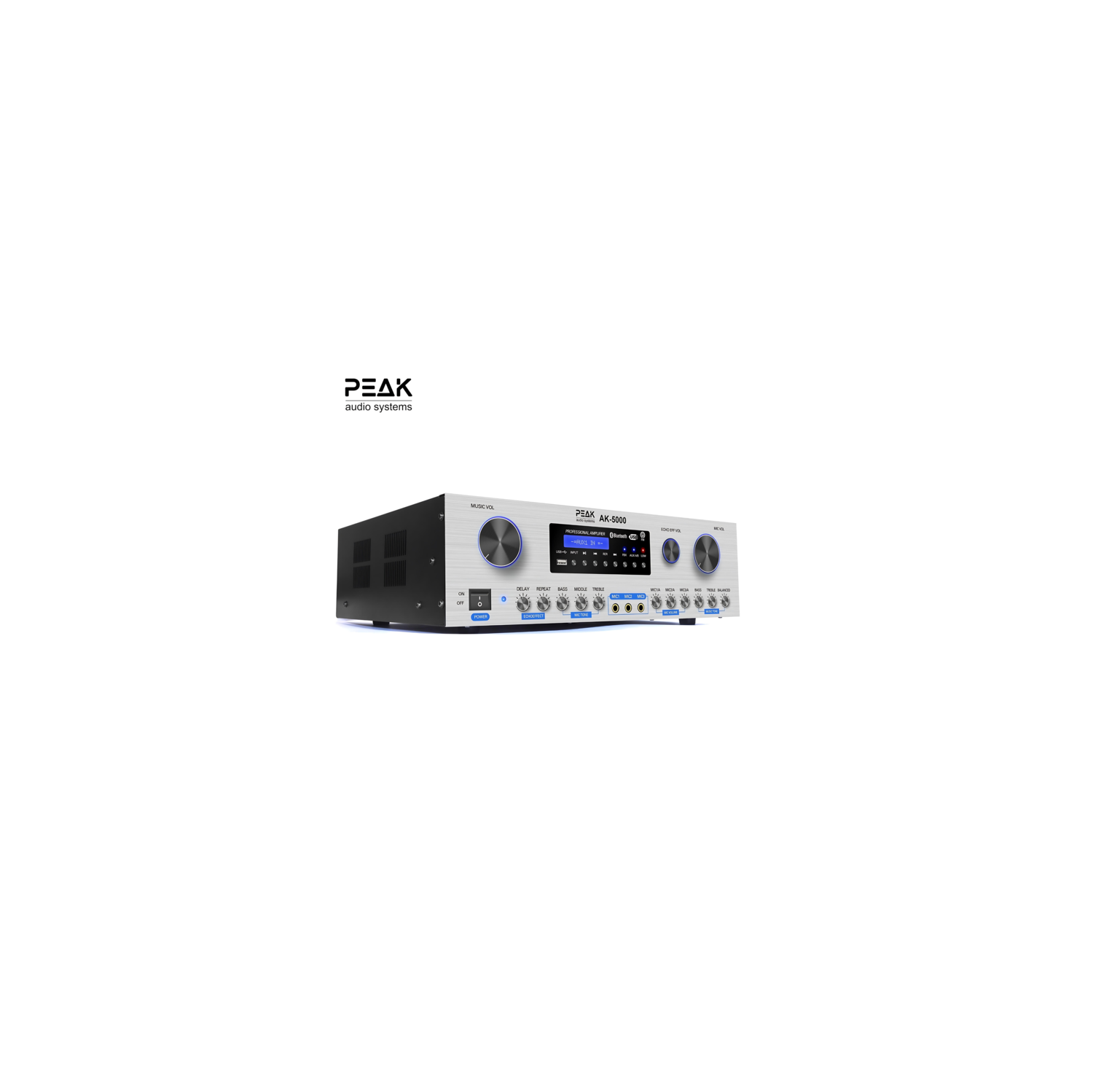 PEAK Karaoke Platinum Bluetooth Amplifier: Feedback Eliminator, Loudness Feature, Echo, 4 Speaker connections, AM/FM, AUX - PK-AMP-004 (SILVER)
