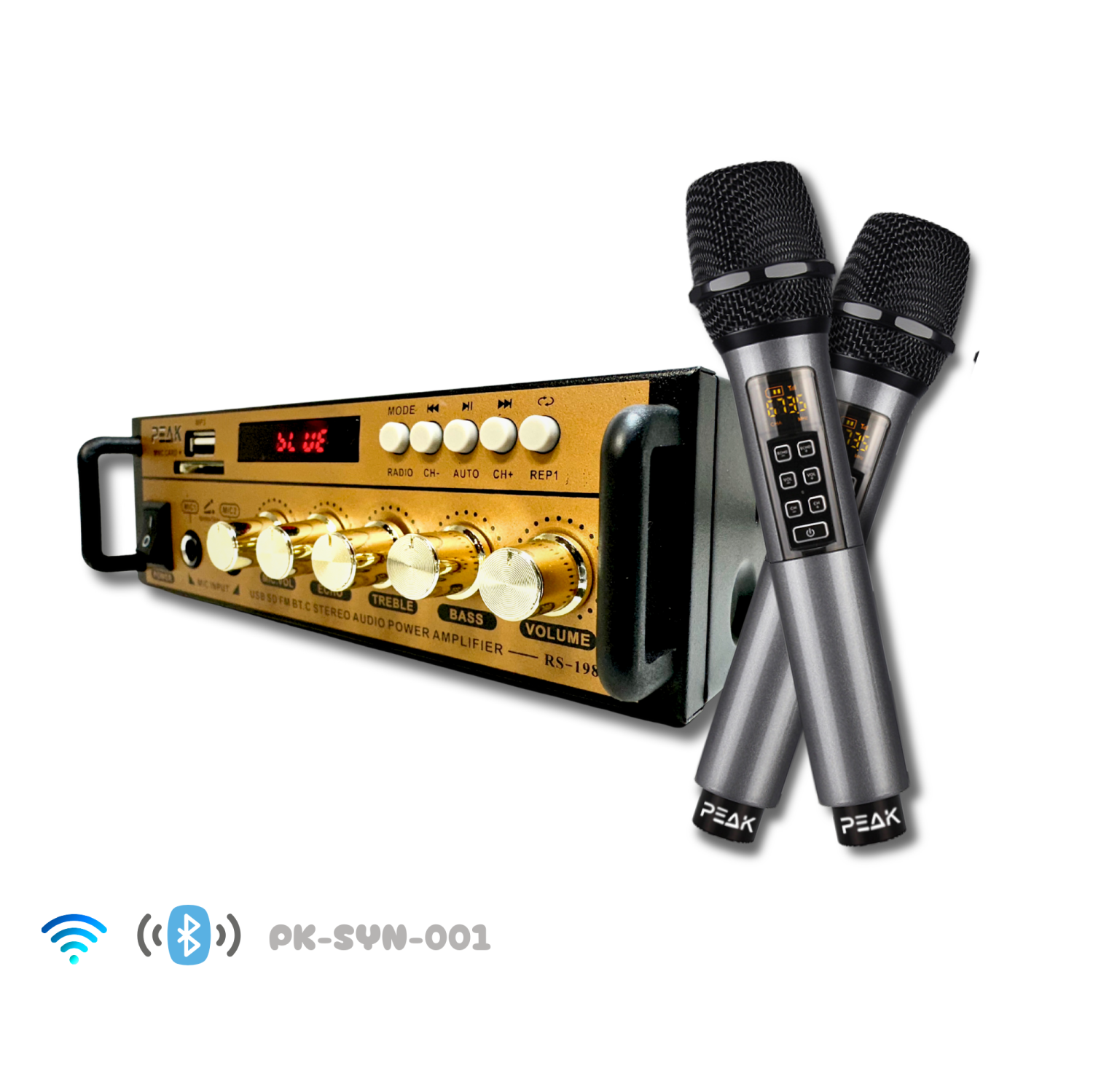 PEAK Karaoke Gold System Package: Bluetooth Stereo Amplifier PK-AMP-001, Two UHF Rechargeable Wireless Microphone with Echo and Volume control