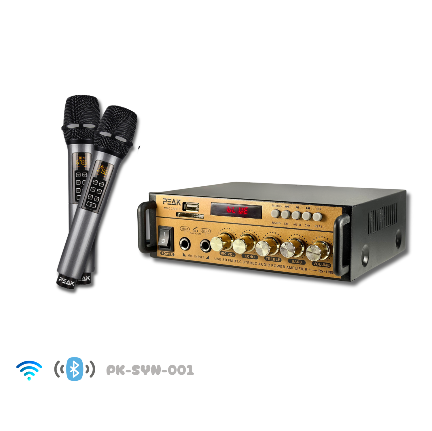 PEAK Karaoke Gold System Package: Bluetooth Stereo Amplifier PK-AMP-001, Two UHF Rechargeable Wireless Microphone with Echo and Volume control