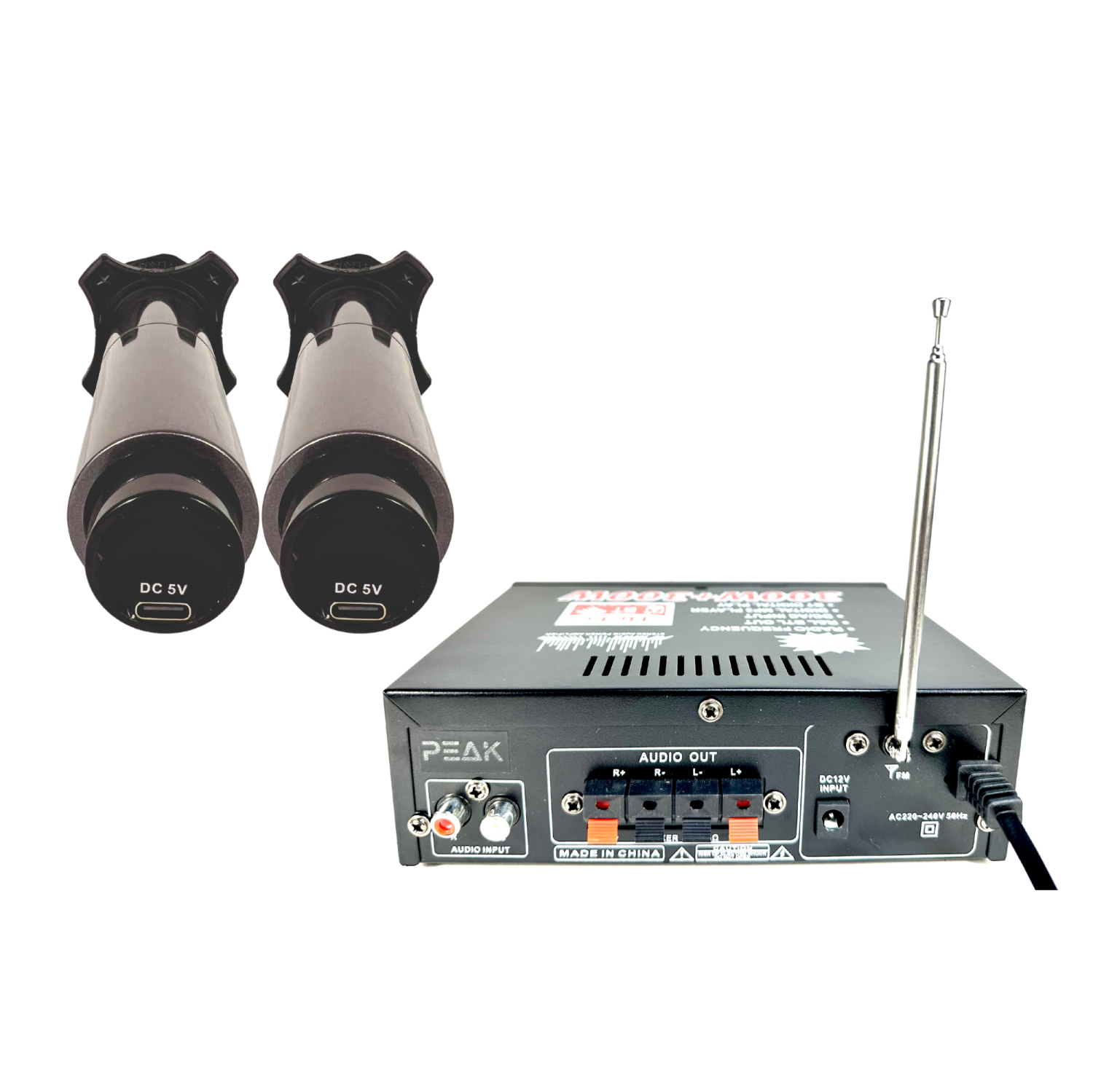 PEAK Karaoke Gold System Package: Bluetooth Stereo Amplifier PK-AMP-001, Two UHF Rechargeable Wireless Microphone with Echo and Volume control
