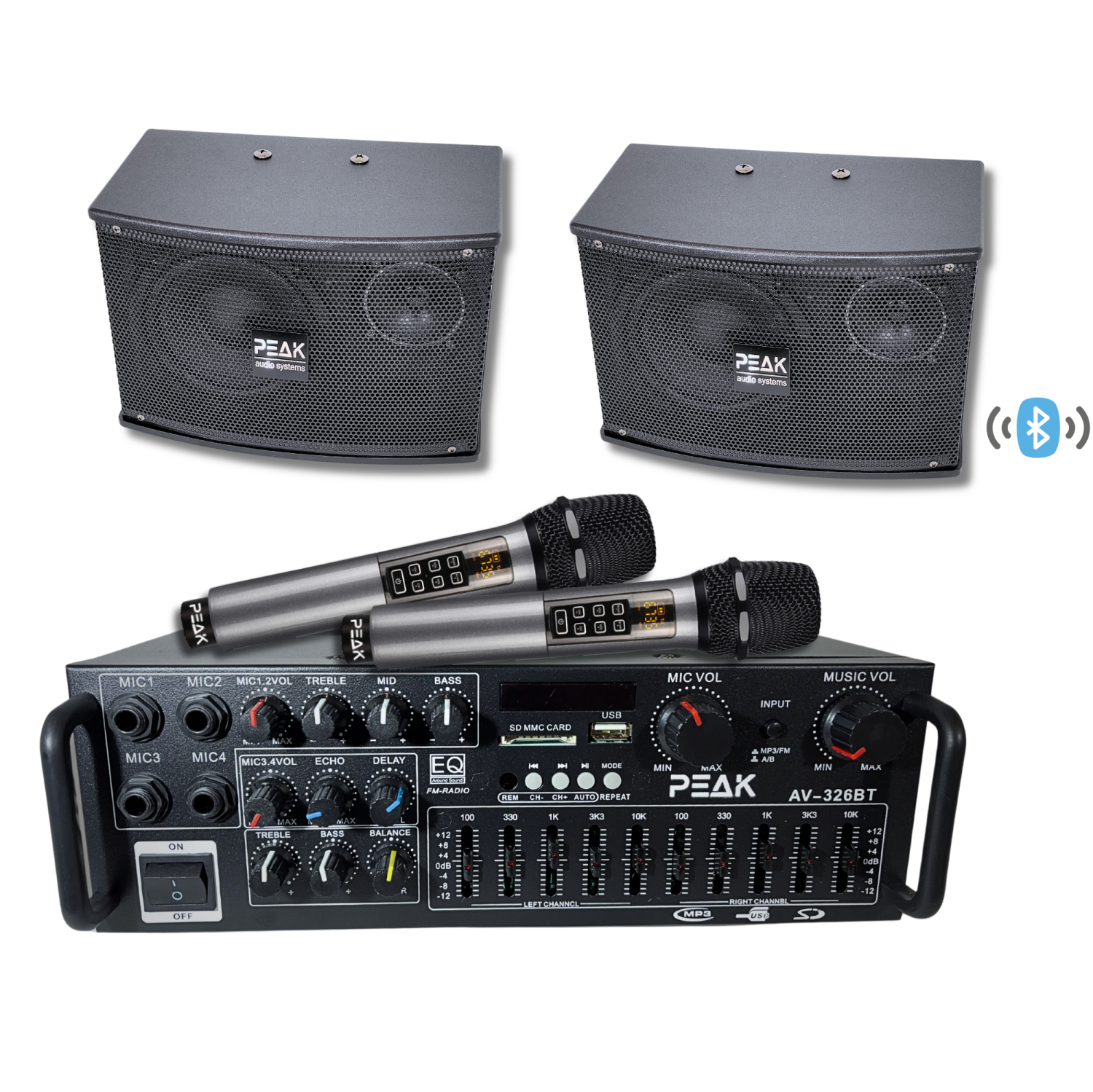 PEAK Karaoke Professional Bluetooth System (ECHO, EQ & 1200W): PK-SYS-002, Two UHF Rechargeable Wireless Microphone PK-MIC-002, Two Vocal Karaoke Speakers PK-SPK-001