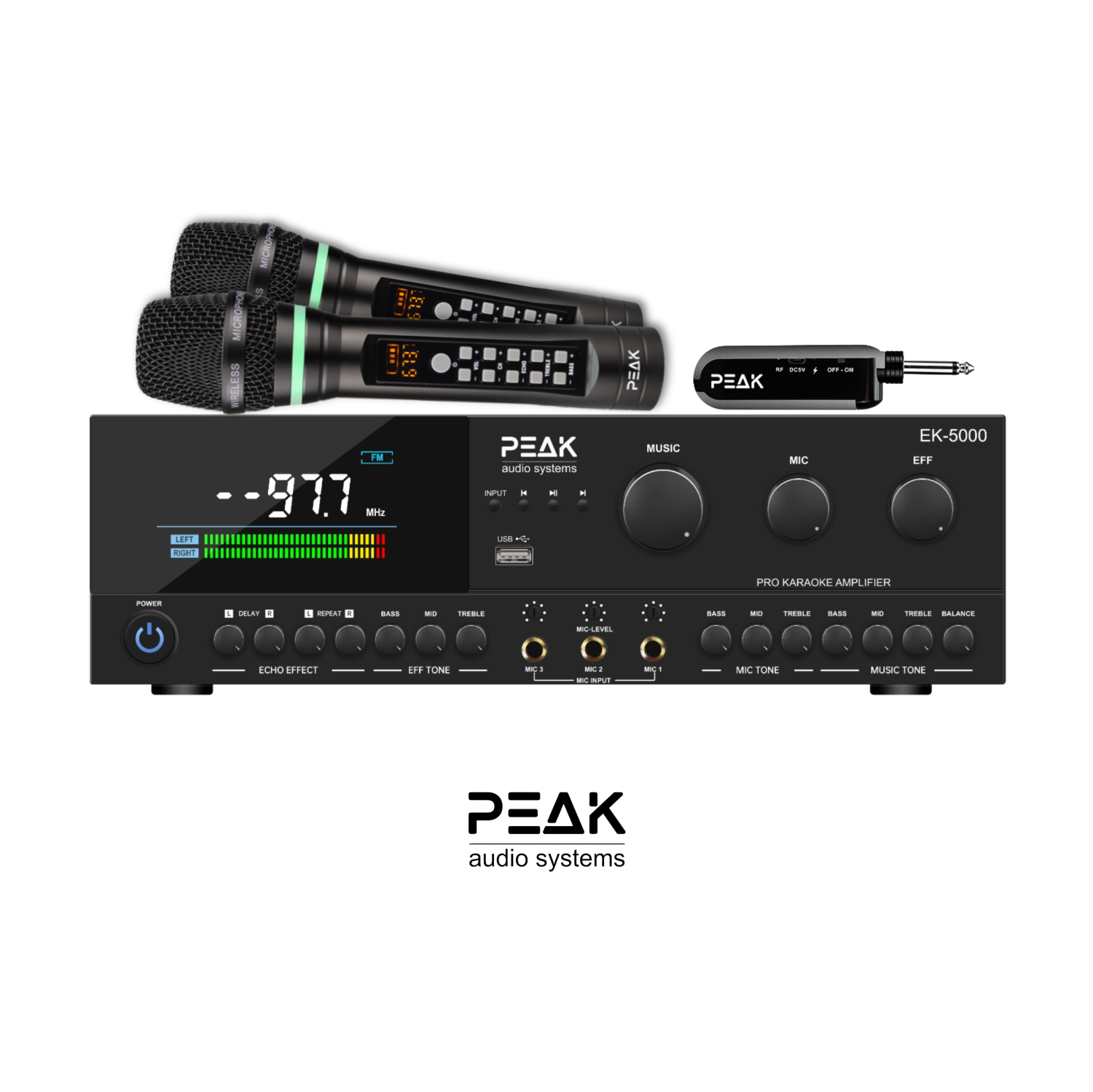 PEAK Karaoke Ultimate Bluetooth System Package: Optical, Echo, AUX, AM/FM - PK-AMP-003 (BLACK); Two UHF Platinum Wireless Rechargeable Microphones