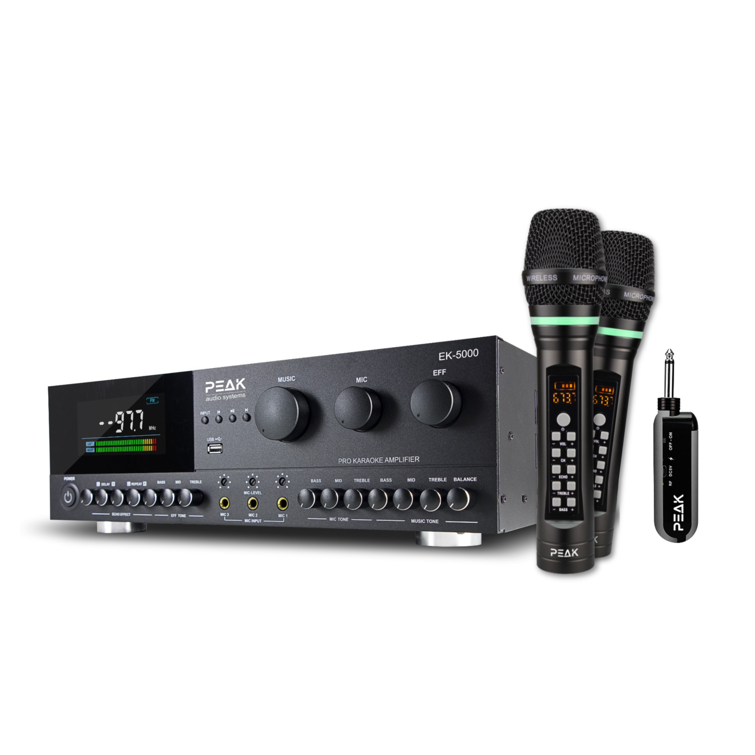 PEAK Karaoke Ultimate Bluetooth System Package: Optical, Echo, AUX, AM/FM - PK-AMP-003 (BLACK); Two UHF Platinum Wireless Rechargeable Microphones