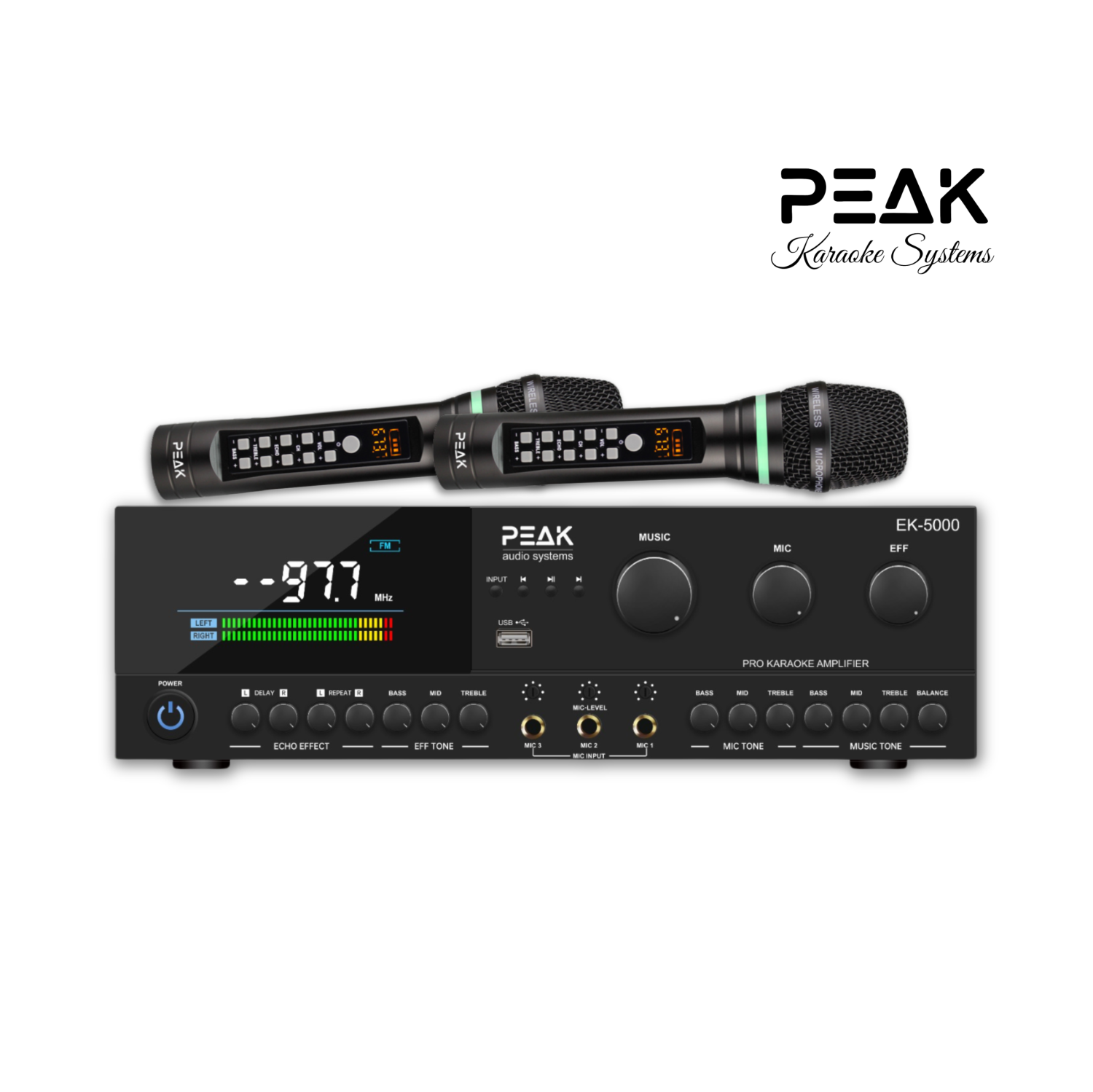 PEAK Karaoke Ultimate Bluetooth System Package: Optical, Echo, AUX, AM/FM - PK-AMP-003 (BLACK); Two UHF Platinum Wireless Rechargeable Microphones