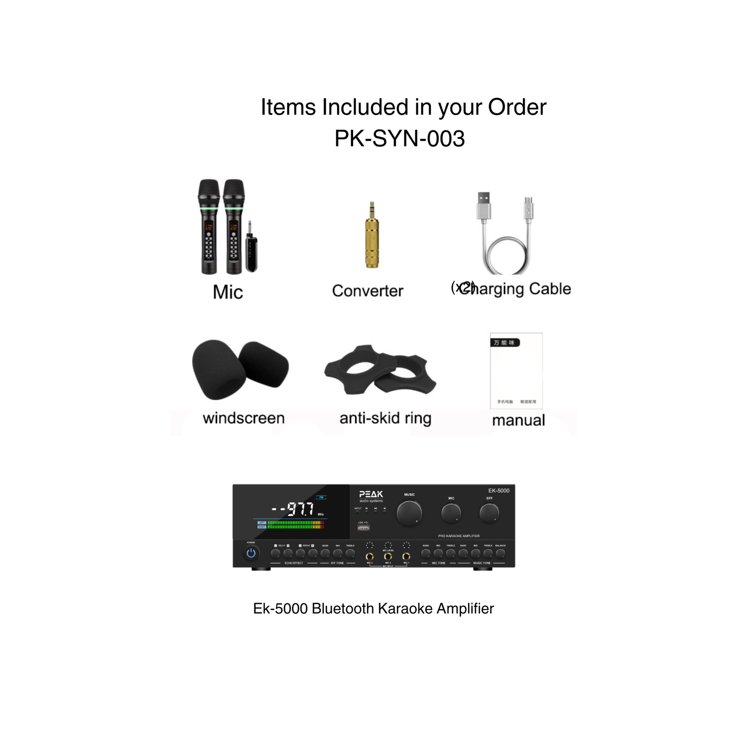 PEAK Karaoke Ultimate Bluetooth System Package: Optical, Echo, AUX, AM/FM - PK-AMP-003 (BLACK); Two UHF Platinum Wireless Rechargeable Microphones