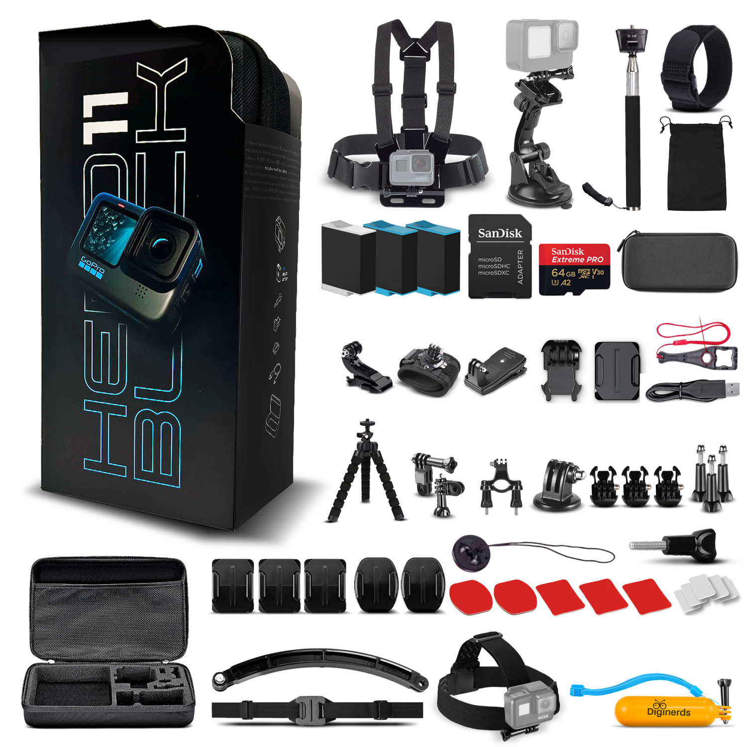 GoPro HERO11 Action Camera with 64GB Card, 50 Piece DiGiNerds Accessory Kit, and 2 Batteries
