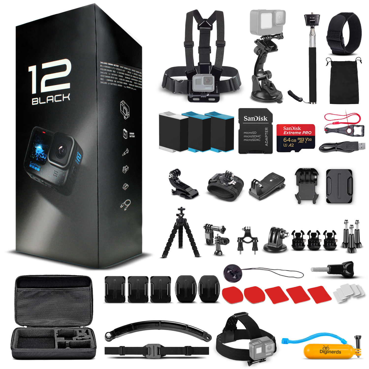 GoPro HERO12 Action Camera with 64GB Memory Card, 2 Batteries, and 50 Piece DiGiNerds Accessory Kit