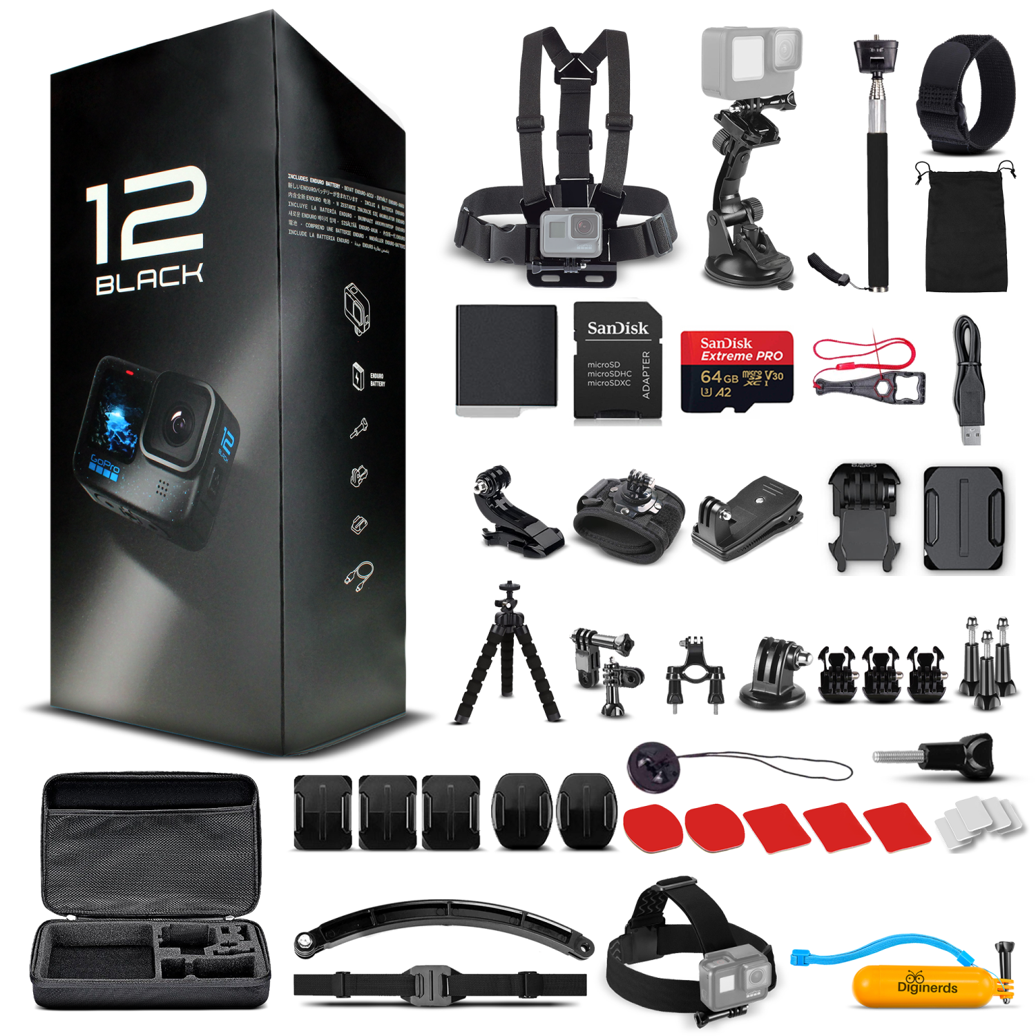 GoPro HERO12 Waterproof Action Camera with 64GB Card and 50 Piece DiGiNerds Accessory Kit