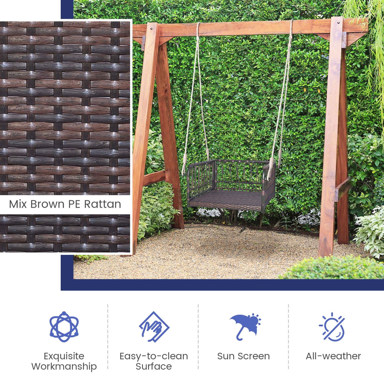 Costway Porch Swing Chair Rattan Woven Hanging Bench Seat with Cushions Hooks Balcony Navy