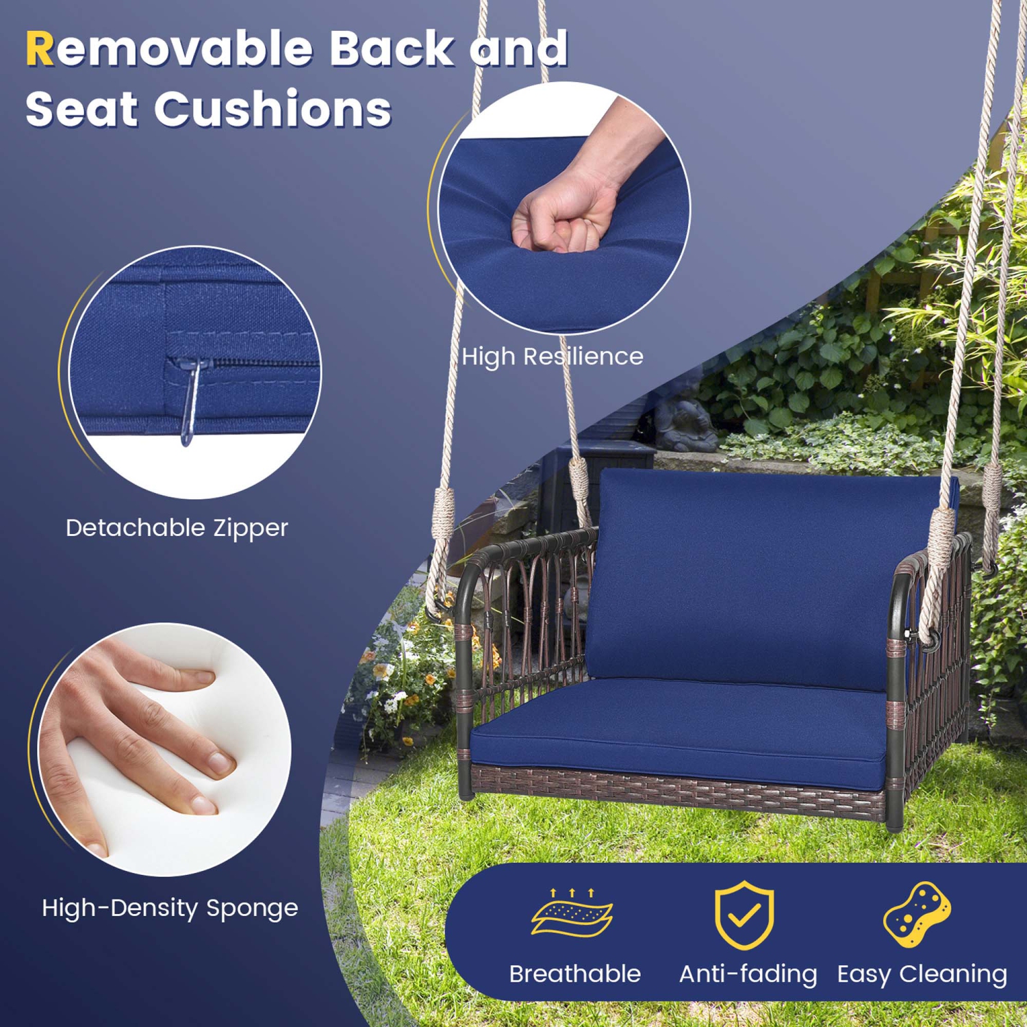 Costway Porch Swing Chair Rattan Woven Hanging Bench Seat with Cushions Hooks Balcony Navy