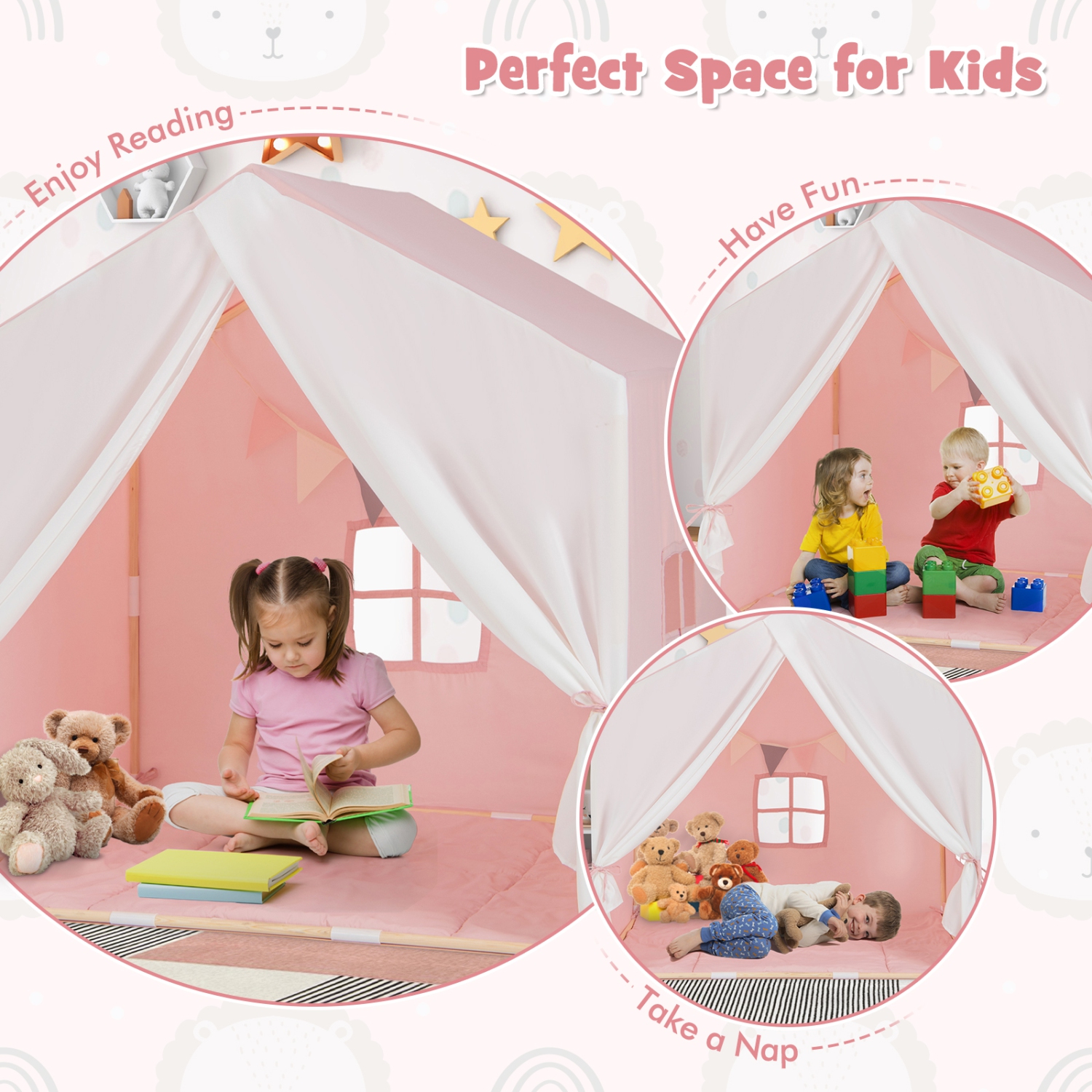 Tente de jeu pour tout-petits; Château en bois massif avec tapis lavable de Costway pour enfants