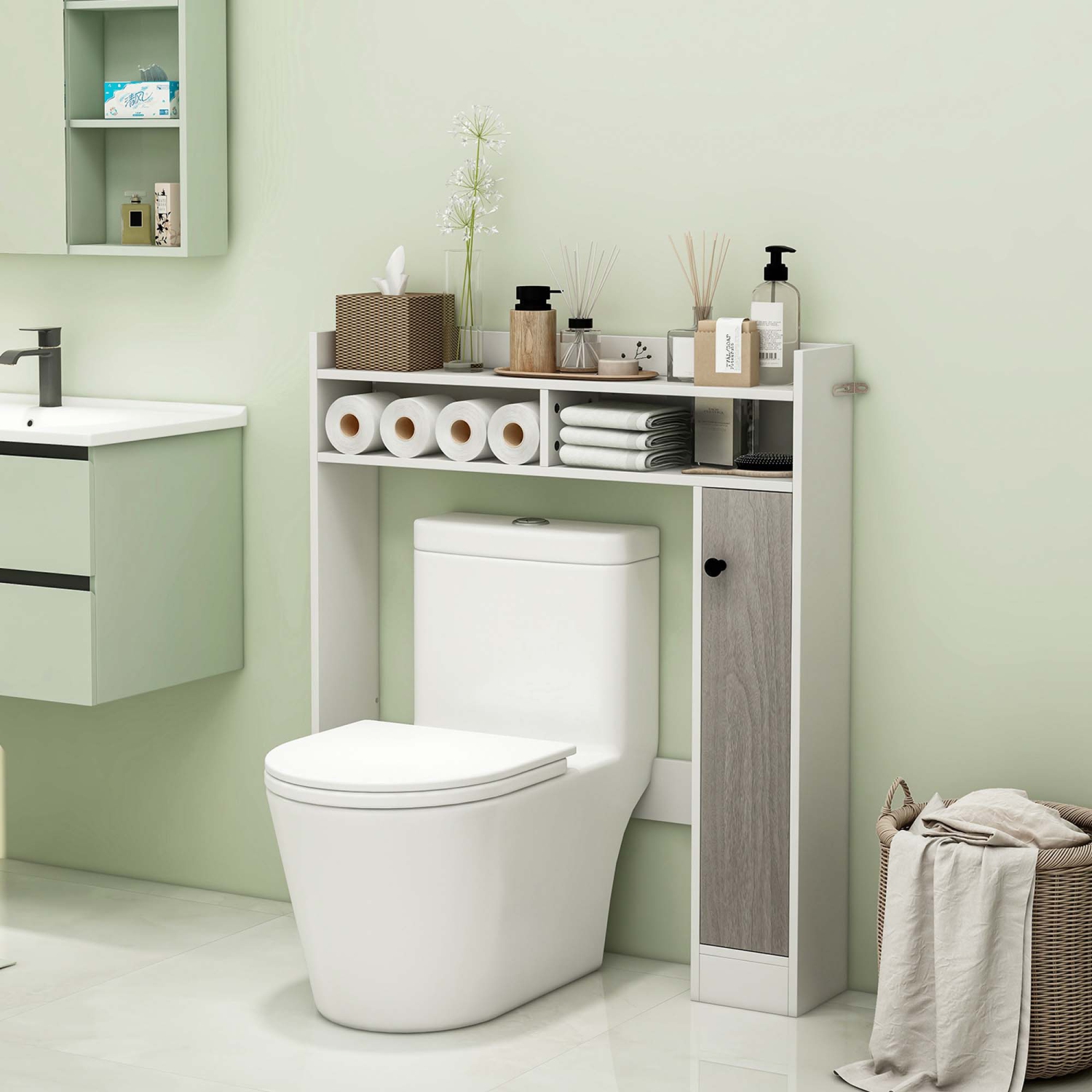 Costway Over the Toilet Bathroom Cabinet Floor Storage Organizer with Adjustable Shelves