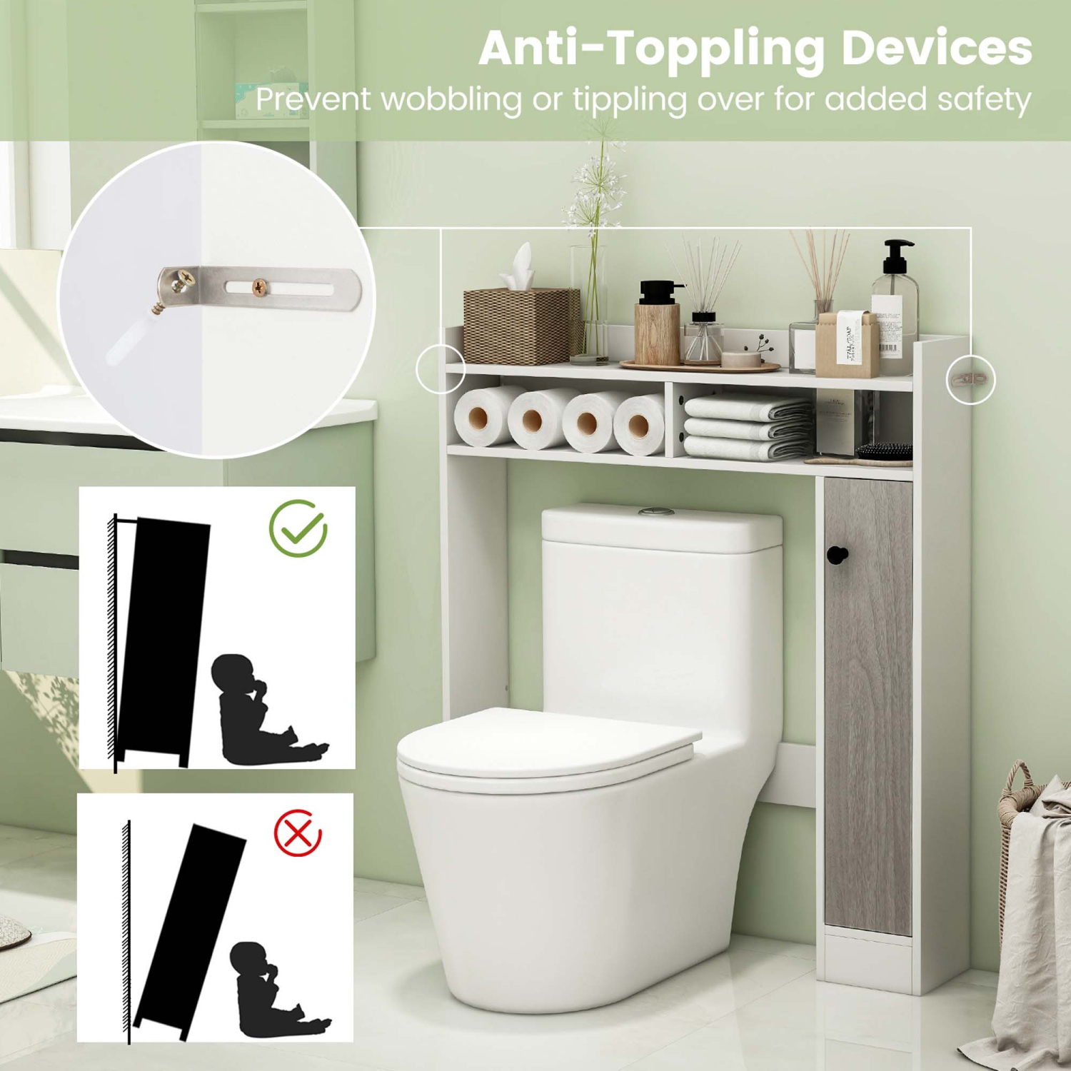 Costway Over the Toilet Bathroom Cabinet Floor Storage Organizer with Adjustable Shelves