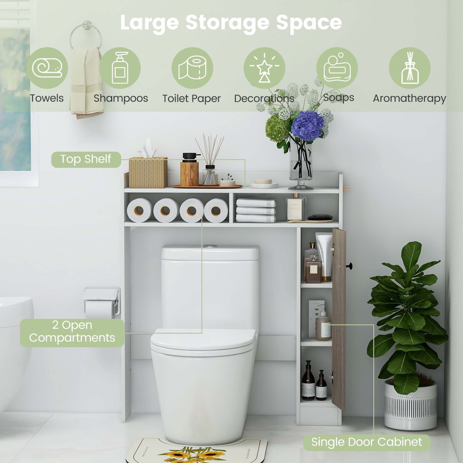 Costway Over the Toilet Bathroom Cabinet Floor Storage Organizer with Adjustable Shelves