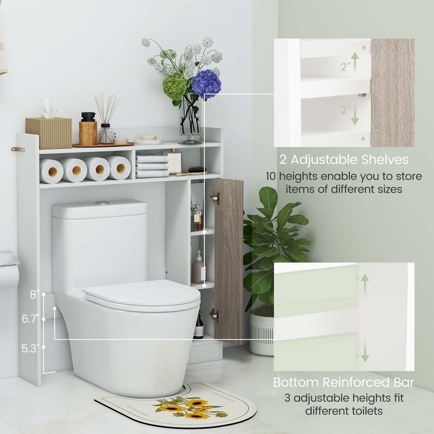 Costway Over the Toilet Bathroom Cabinet Floor Storage Organizer with Adjustable Shelves