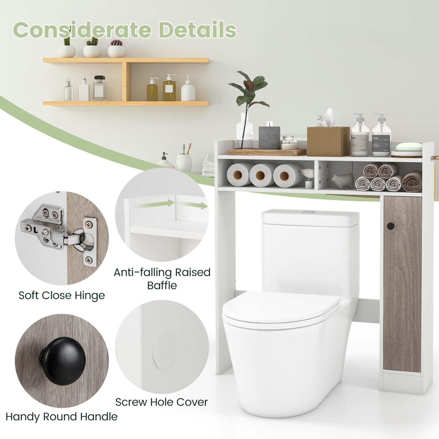 Costway Over the Toilet Bathroom Cabinet Floor Storage Organizer with Adjustable Shelves