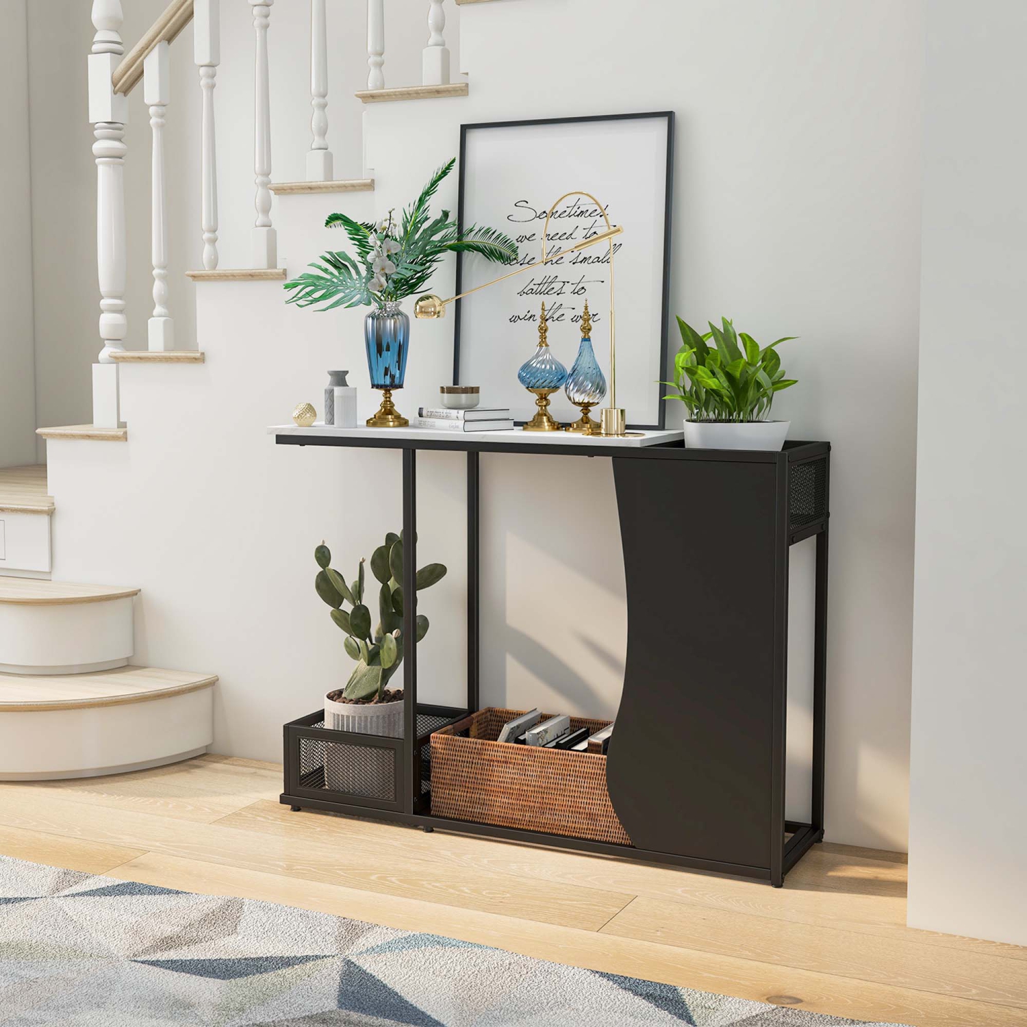 Costway 43.5" Console Table with Faux Marble Top & 2 Storage Compartments Entryway Hallway