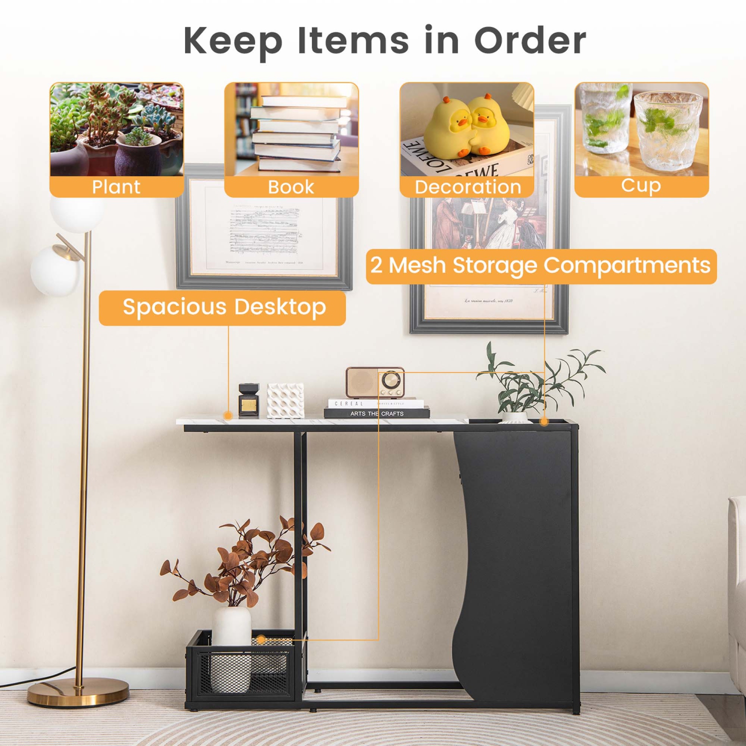 Costway 43.5" Console Table with Faux Marble Top & 2 Storage Compartments Entryway Hallway