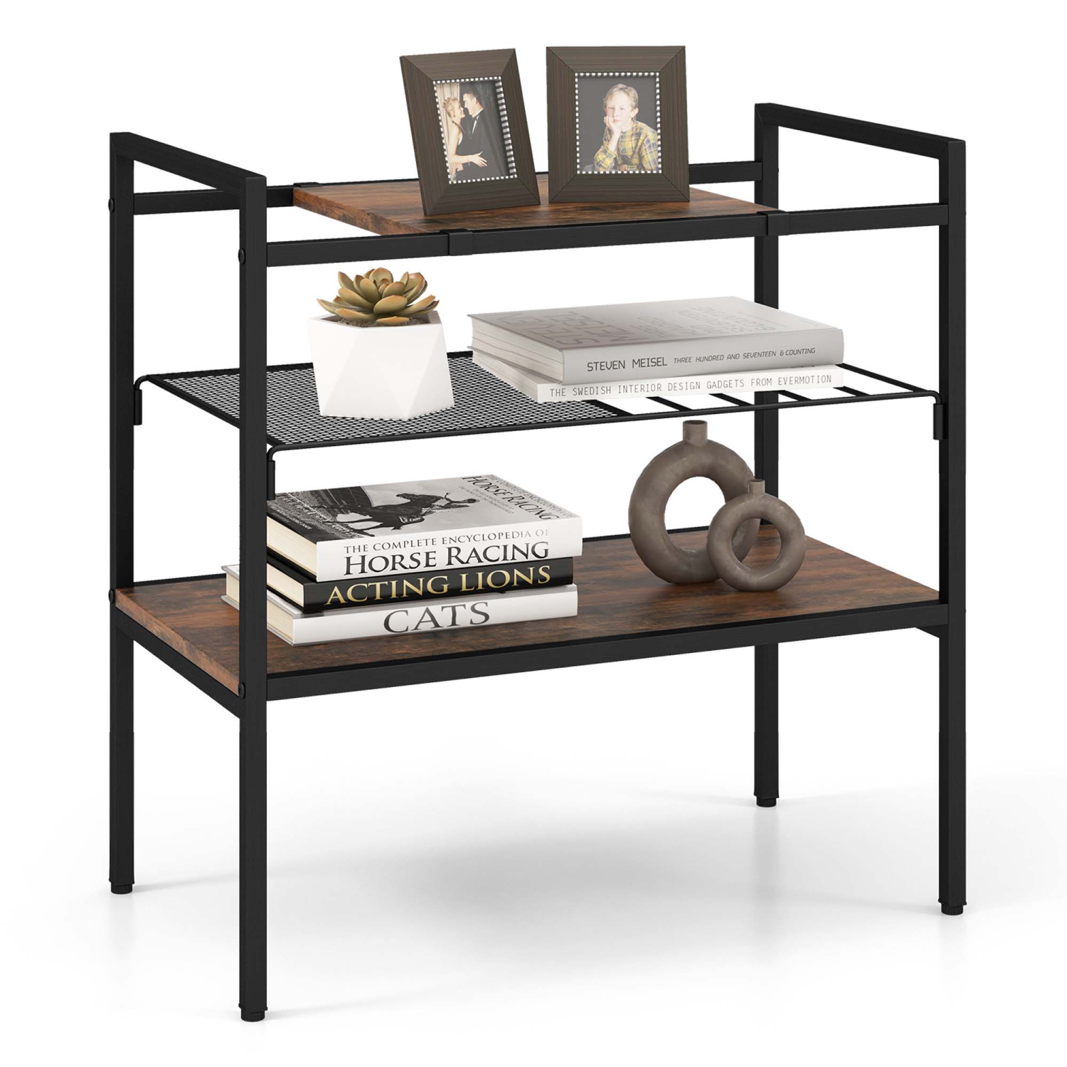 Costway Industrial Entryway Table 3-Tier Sofa Side Table with Removable Panel & Mesh Shelf
