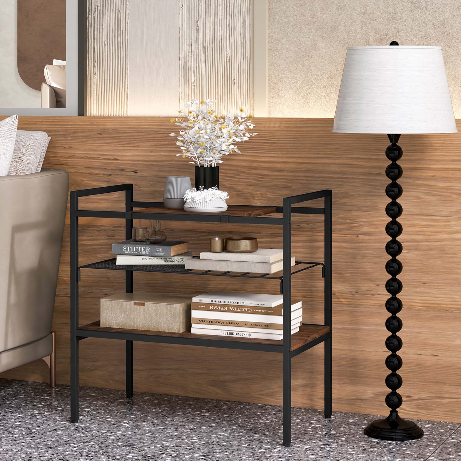 Costway Industrial Entryway Table 3-Tier Sofa Side Table with Removable Panel & Mesh Shelf