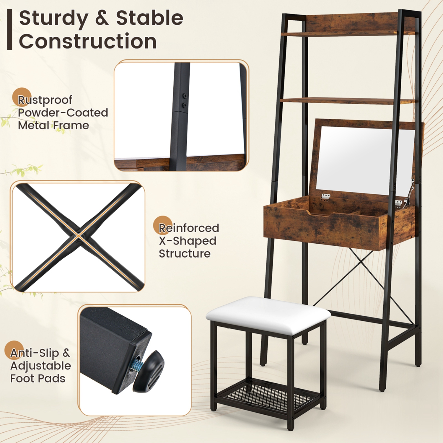 Costway Vanity Table Set Flip Top Mirror Ladder Storage Shelf Cushioned Stool