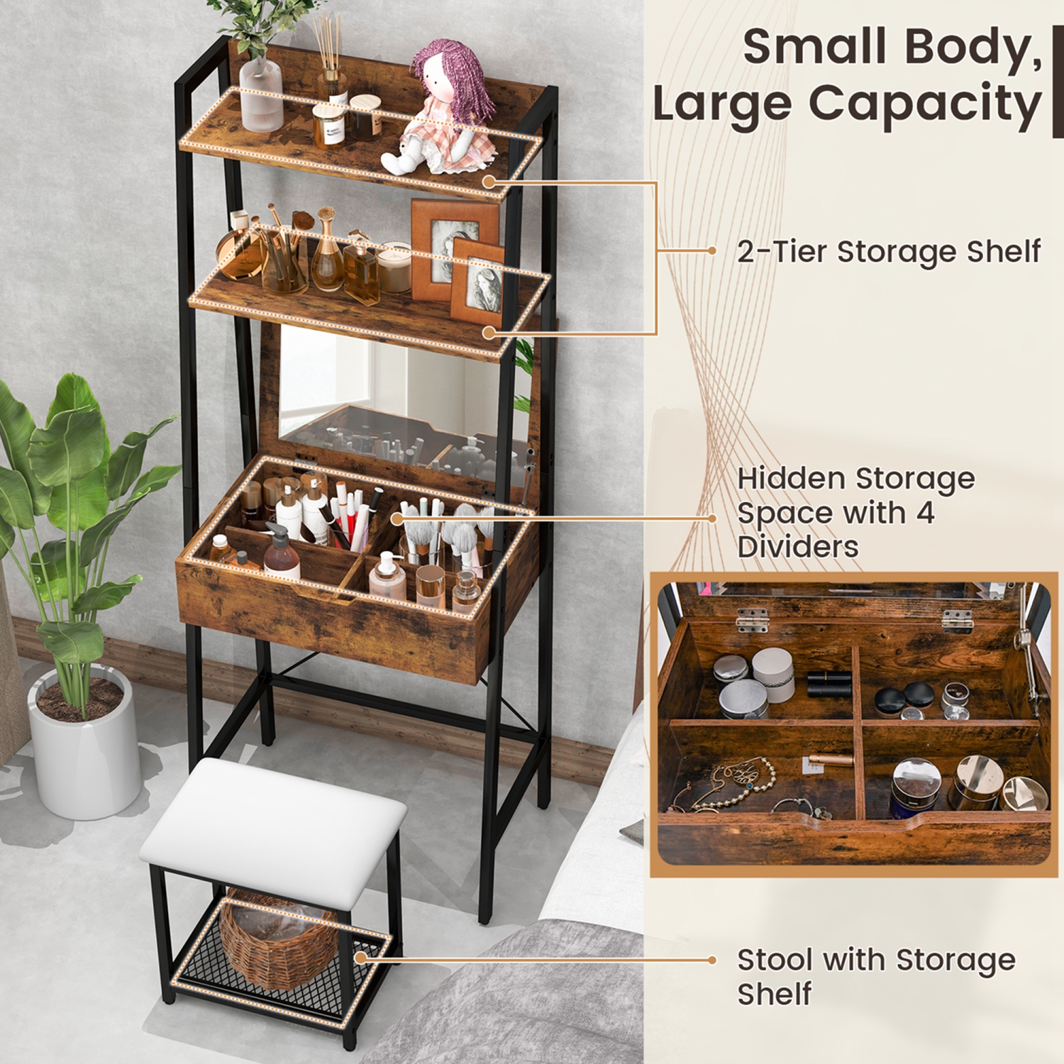 Costway Vanity Table Set Flip Top Mirror Ladder Storage Shelf Cushioned Stool
