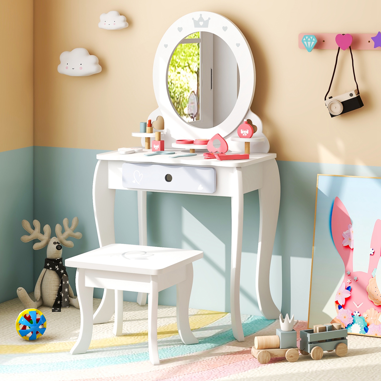 Ensemble coiffeuse pour enfants avec table de maquillage et chaise de Costway Accessoires de rangement inclus
