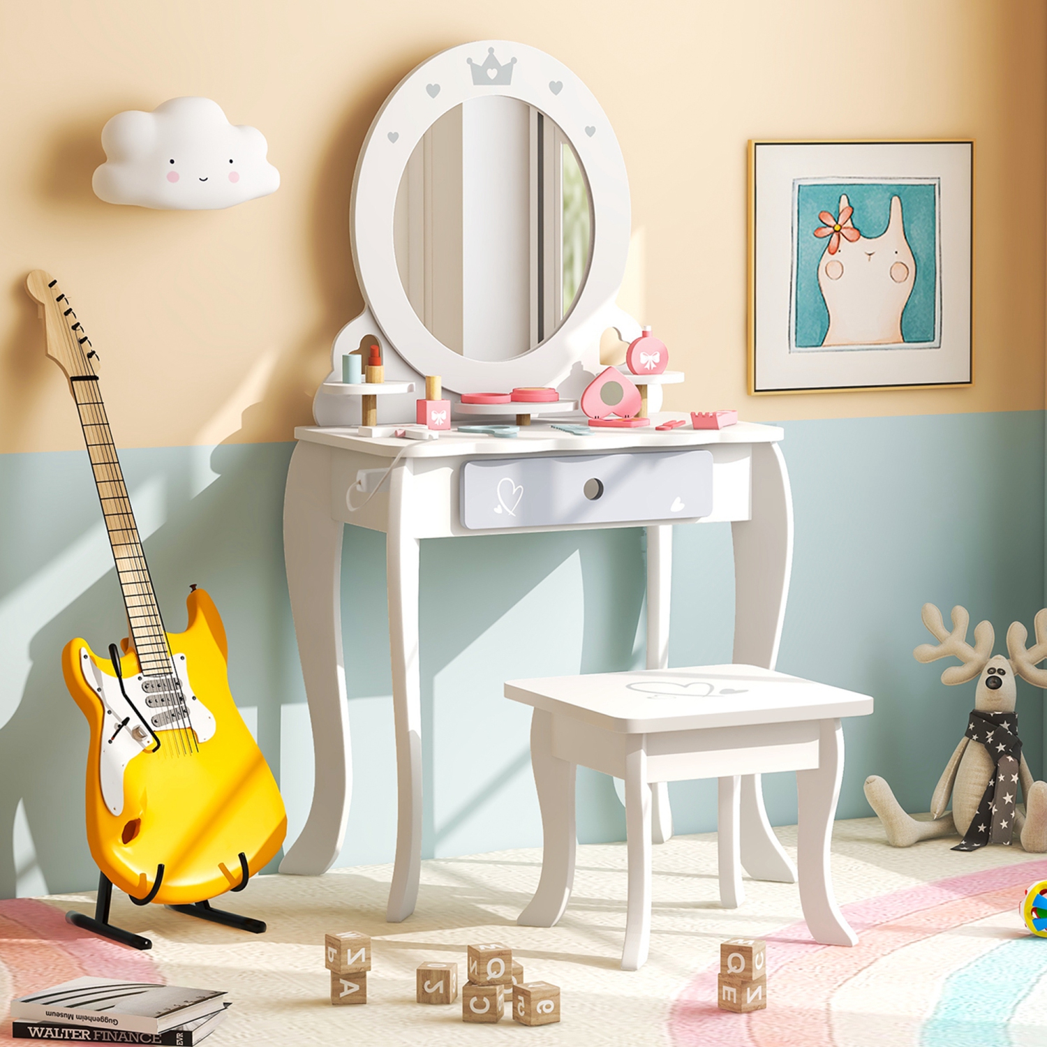 Ensemble coiffeuse pour enfants avec table de maquillage et chaise de Costway Accessoires de rangement inclus