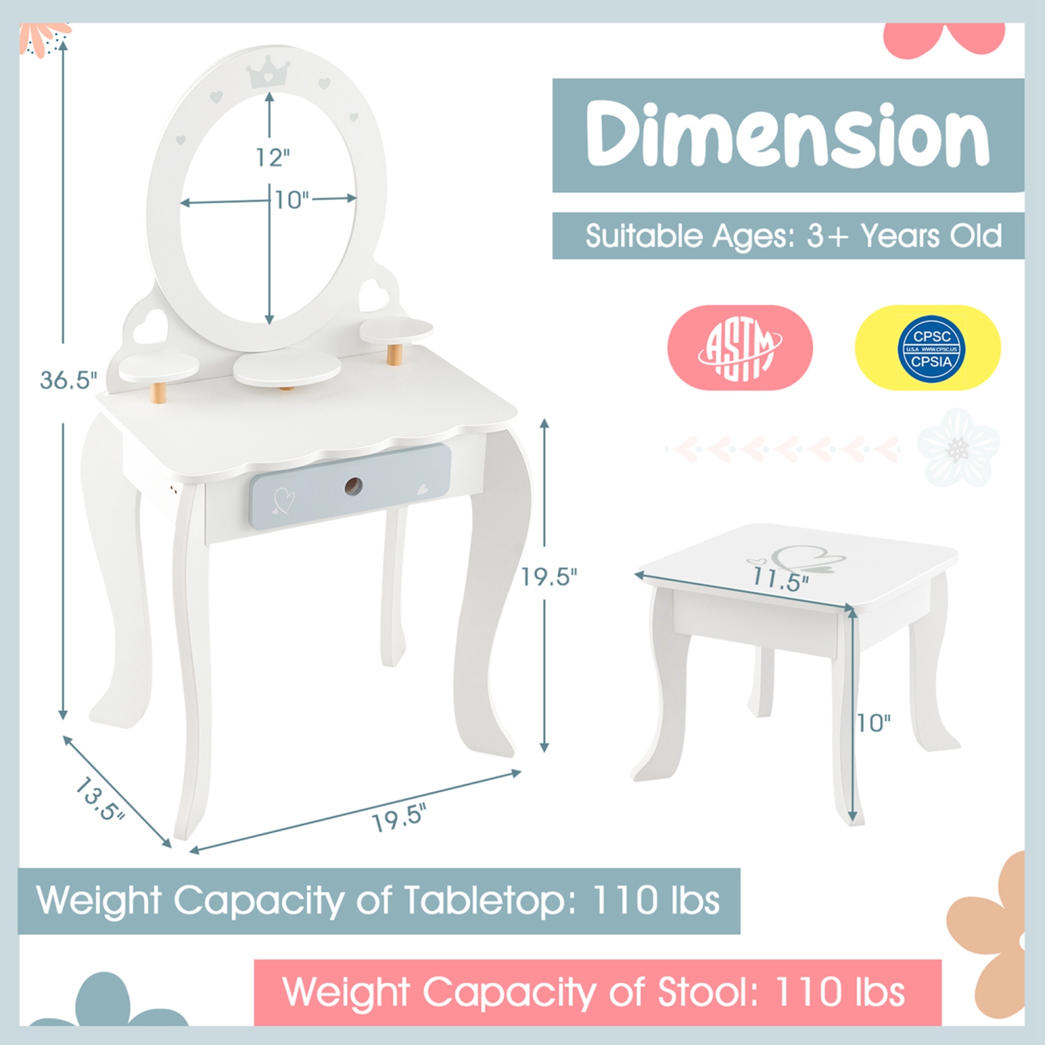 Ensemble coiffeuse pour enfants avec table de maquillage et chaise de Costway Accessoires de rangement inclus