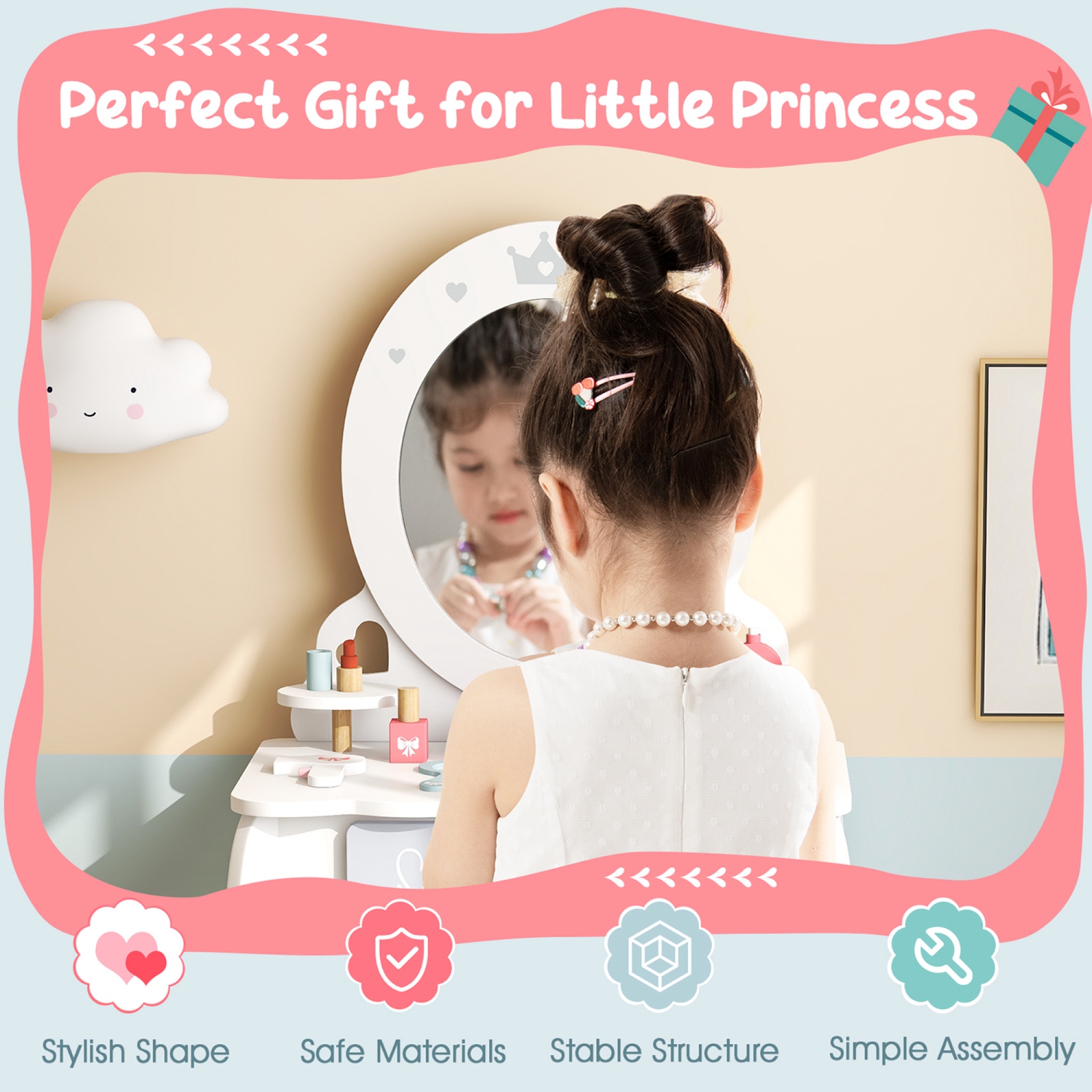 Ensemble coiffeuse pour enfants avec table de maquillage et chaise de Costway Accessoires de rangement inclus