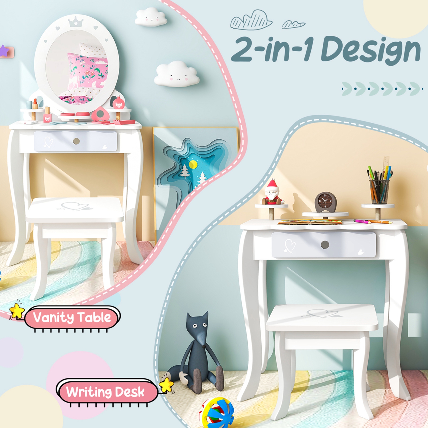Ensemble coiffeuse pour enfants avec table de maquillage et chaise de Costway Accessoires de rangement inclus