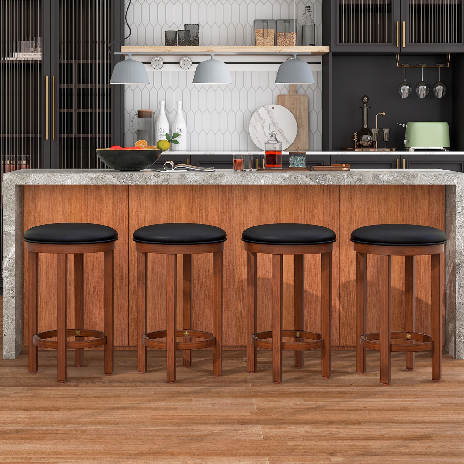 Gymax Upholstered Bar Stool Set of 4 25'' Counter Height Bar Chairs w/ Padded Cushion Black & Walnut