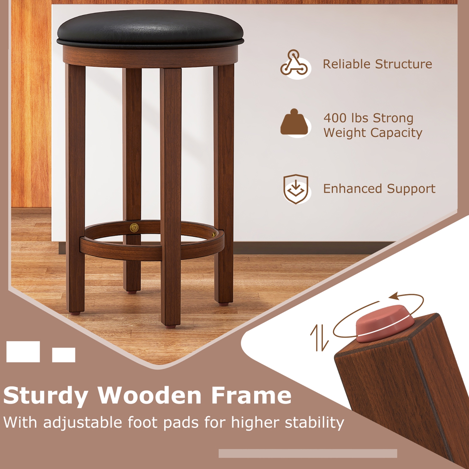 Gymax Upholstered Bar Stool Set of 4 25'' Counter Height Bar Chairs w/ Padded Cushion Black & Walnut