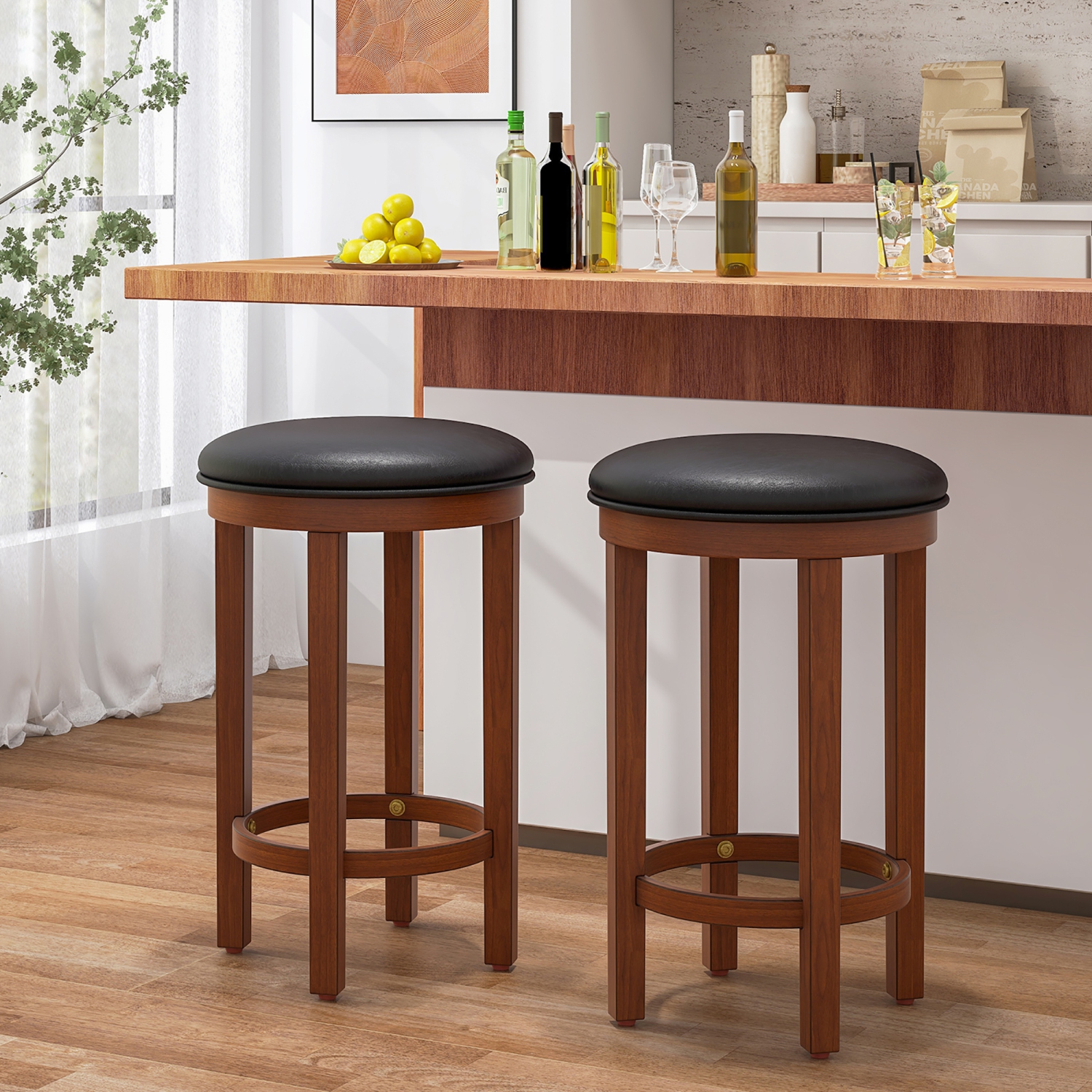 Gymax Upholstered Bar Stool Set of 4 25'' Counter Height Bar Chairs w/ Padded Cushion Black & Walnut