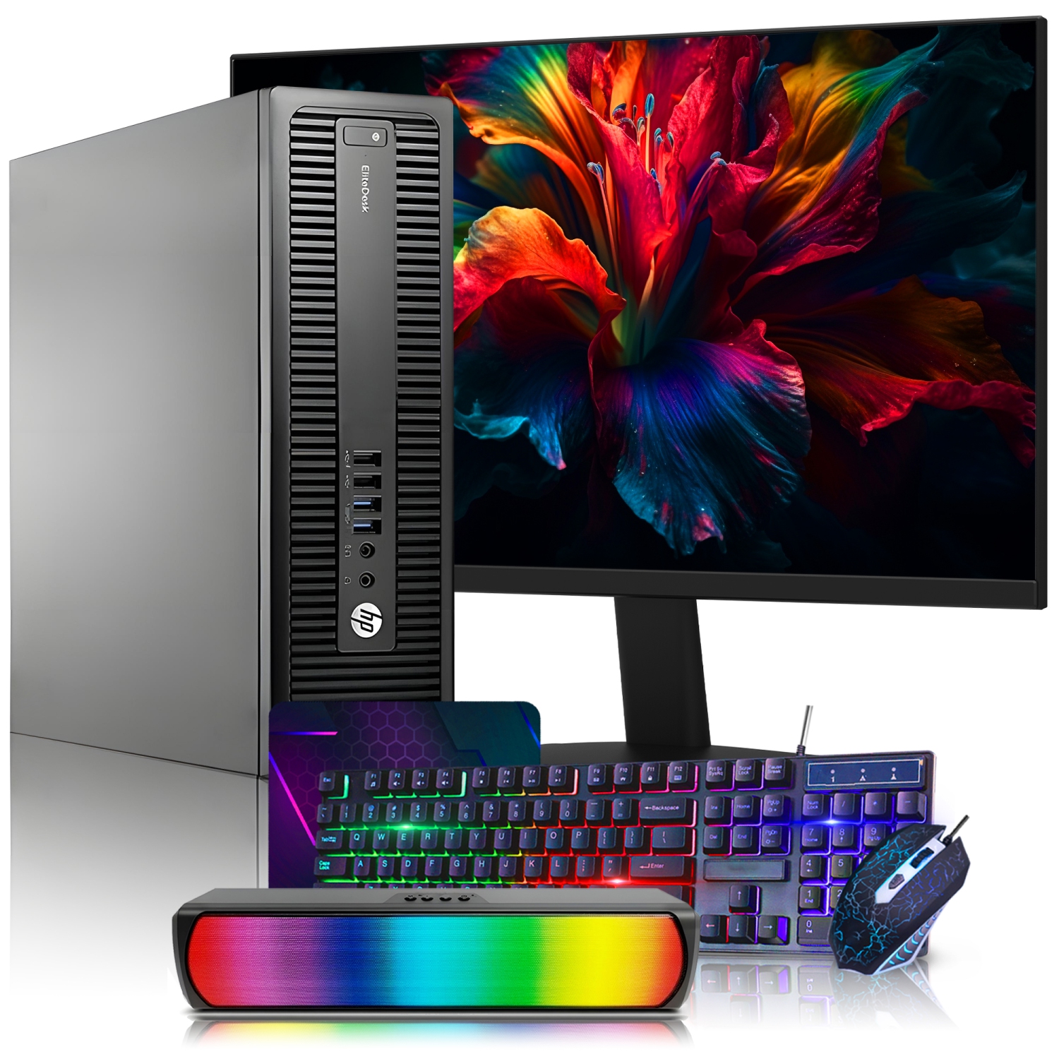 Refurbished (Good) - HP EliteDesk 800 G1 SFF Desktop Computer PC Combo | New 24-inch Monitor | Intel Core i7 Processor | 32GB RAM | 1TB NVMe SSD | Windows 10 Pro | RGB Sound Bar