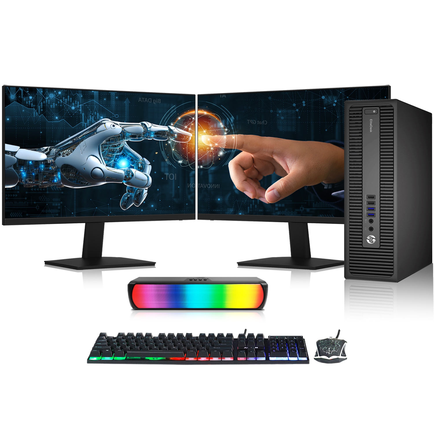 Refurbished (Good) - HP Computers EliteDesk 800 G1 SFF Desktop PC Combo - New Dual 24-inch Monitor (Intel i7 Quad-Core CPU/ 32GB RAM/ 2TB NVMe SSD/ Windows 10 Pro/ RGB Sound Bar)