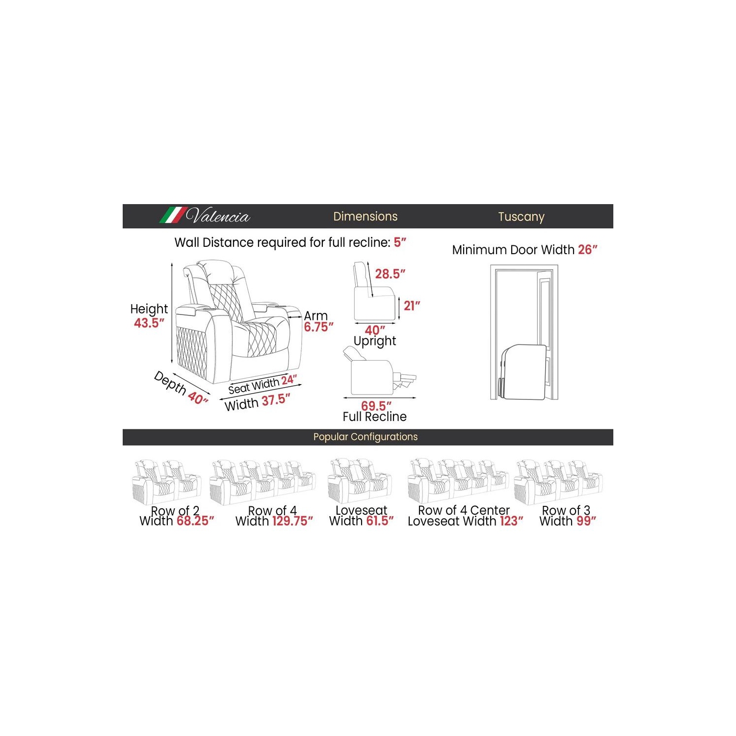 Valencia Tuscany Executive Heat & Massage(Row of 3 Loveseat Right, Executive Black)