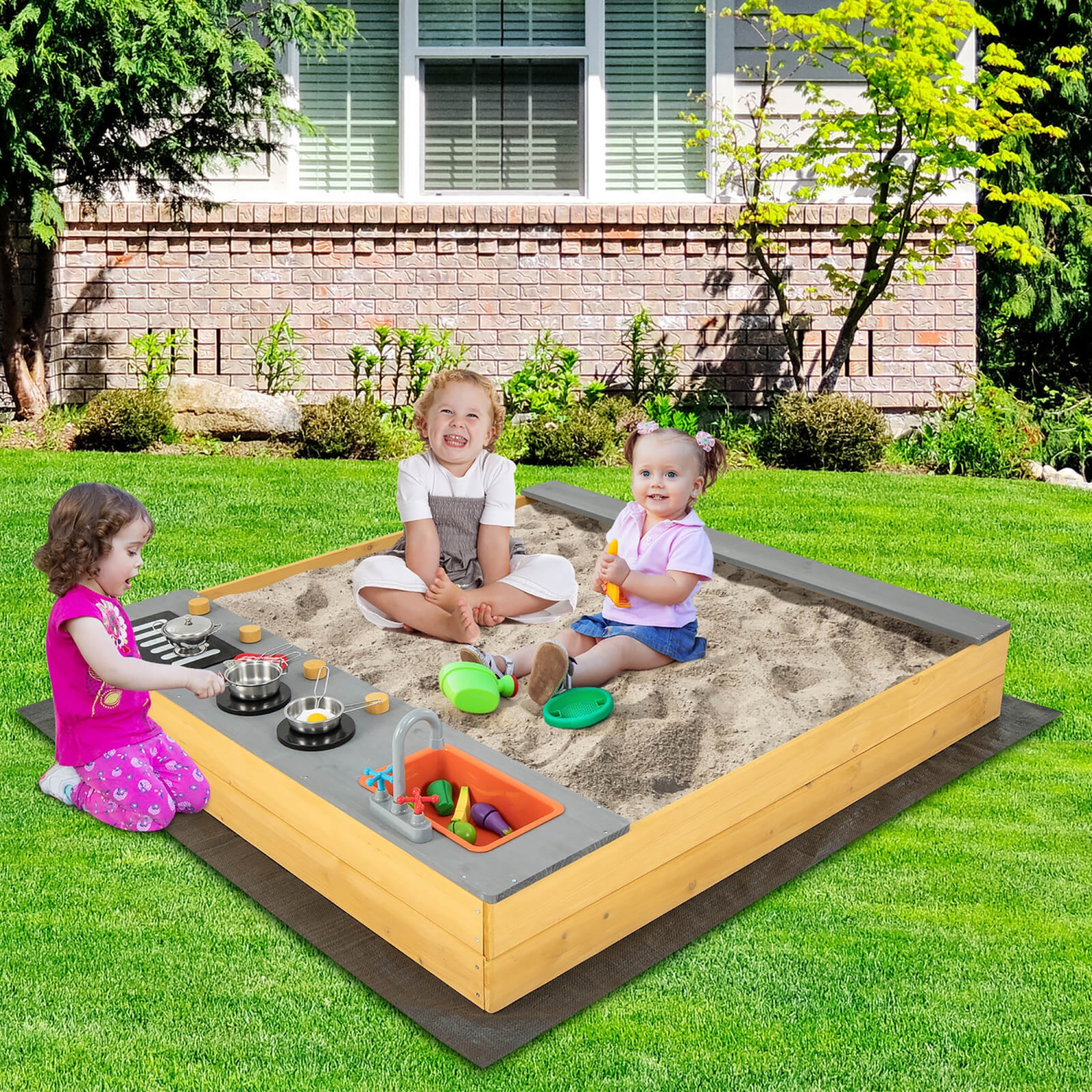 Gymax Kids Sandbox Outdoor Wooden Sandpit w/ Bottom Liner Creative Cooking Area