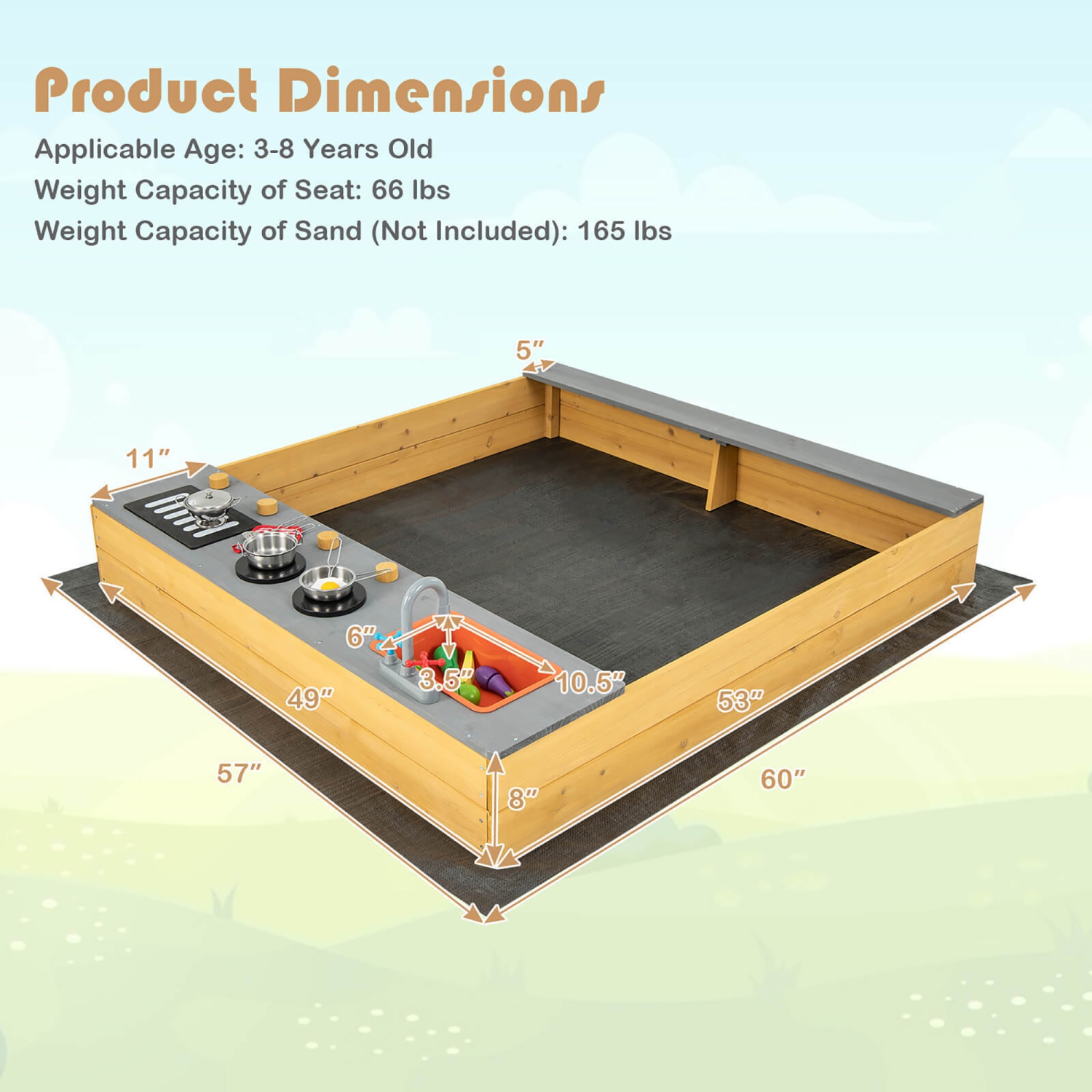 Gymax Kids Sandbox Outdoor Wooden Sandpit w/ Bottom Liner Creative Cooking Area