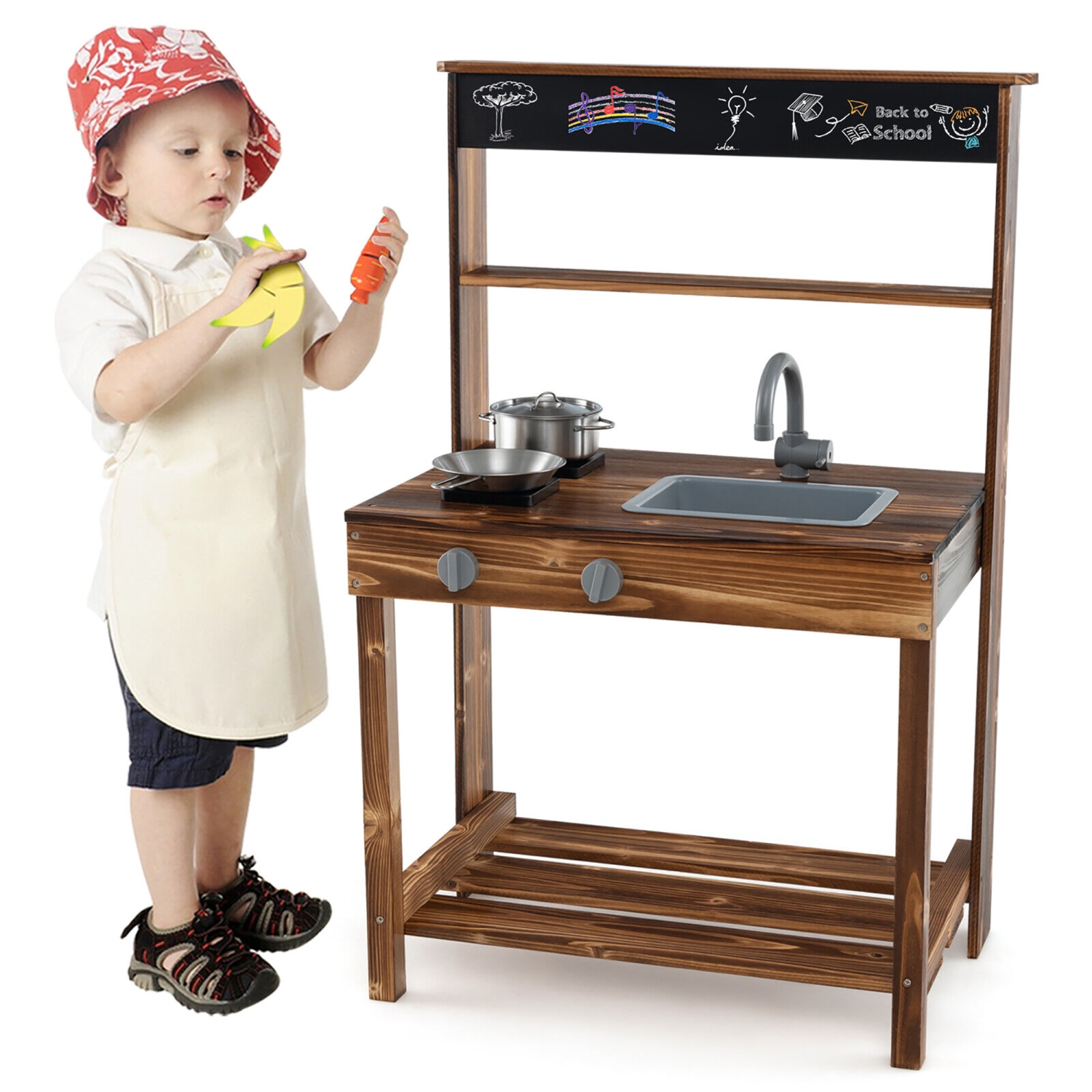 Gymax Kids Mud Kitchen Play Kitchen w/ Blackboard Stoves Removable Sink Natural