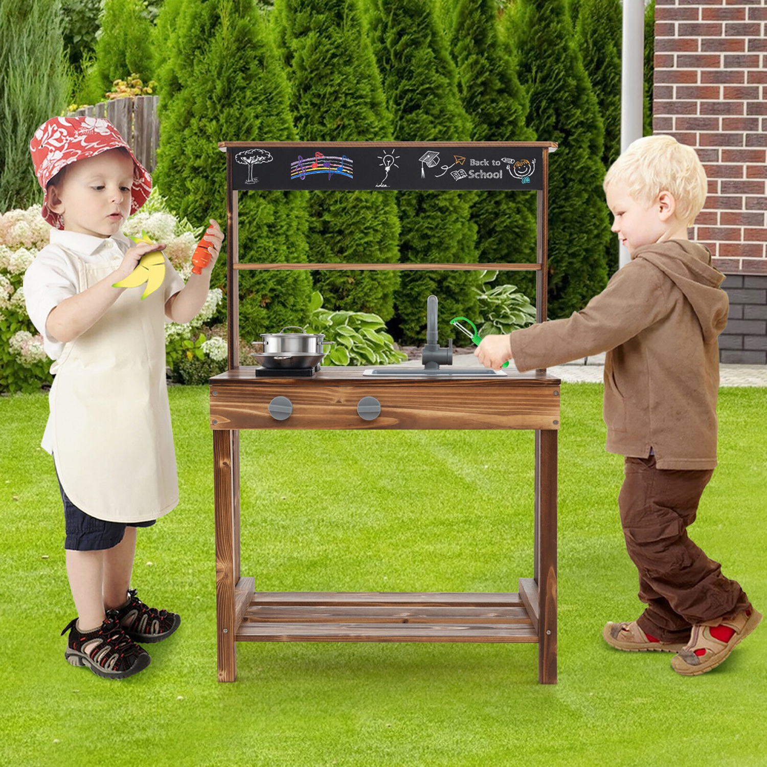 Gymax Kids Mud Kitchen Play Kitchen w/ Blackboard Stoves Removable Sink Natural