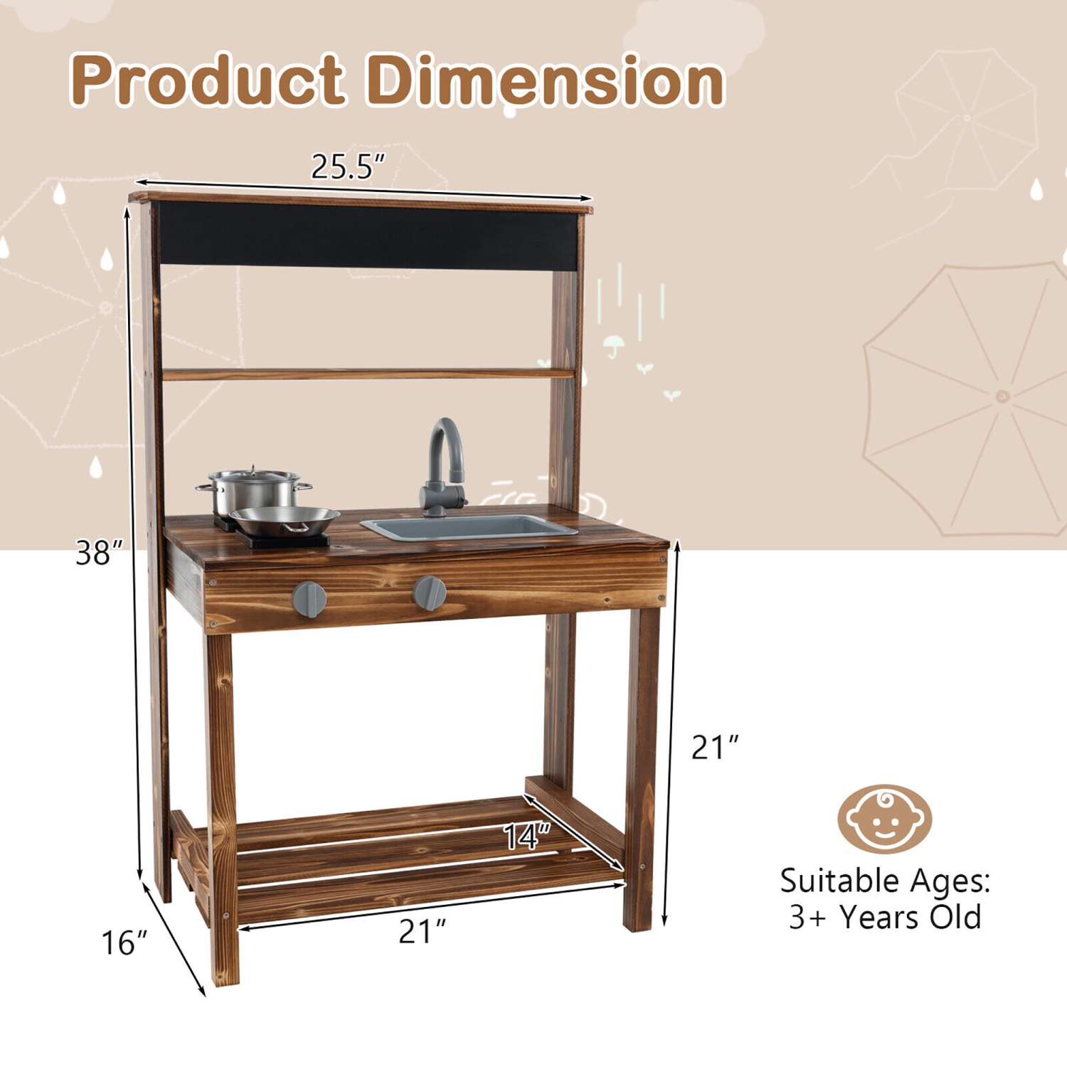 Gymax Kids Mud Kitchen Play Kitchen w/ Blackboard Stoves Removable Sink Natural