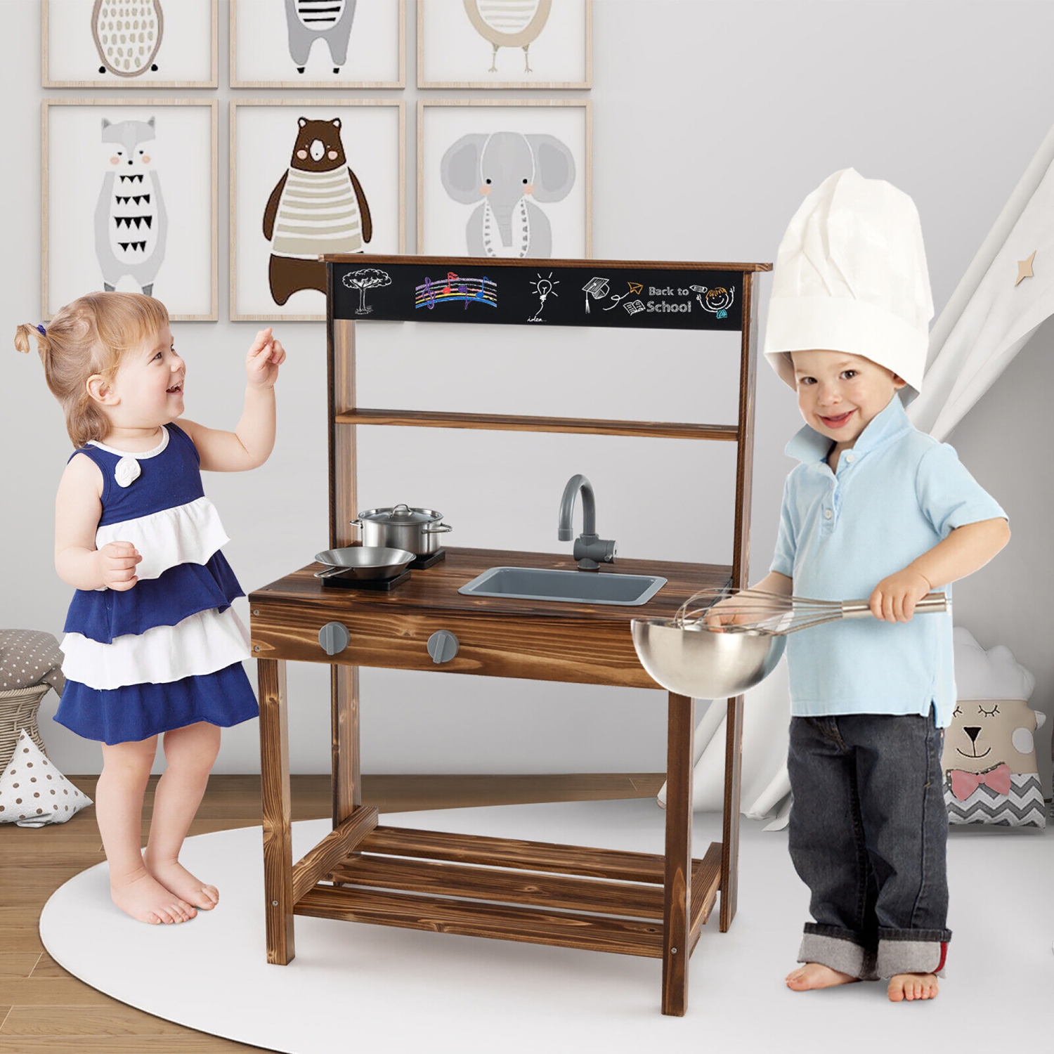 Gymax Kids Mud Kitchen Play Kitchen w/ Blackboard Stoves Removable Sink Natural