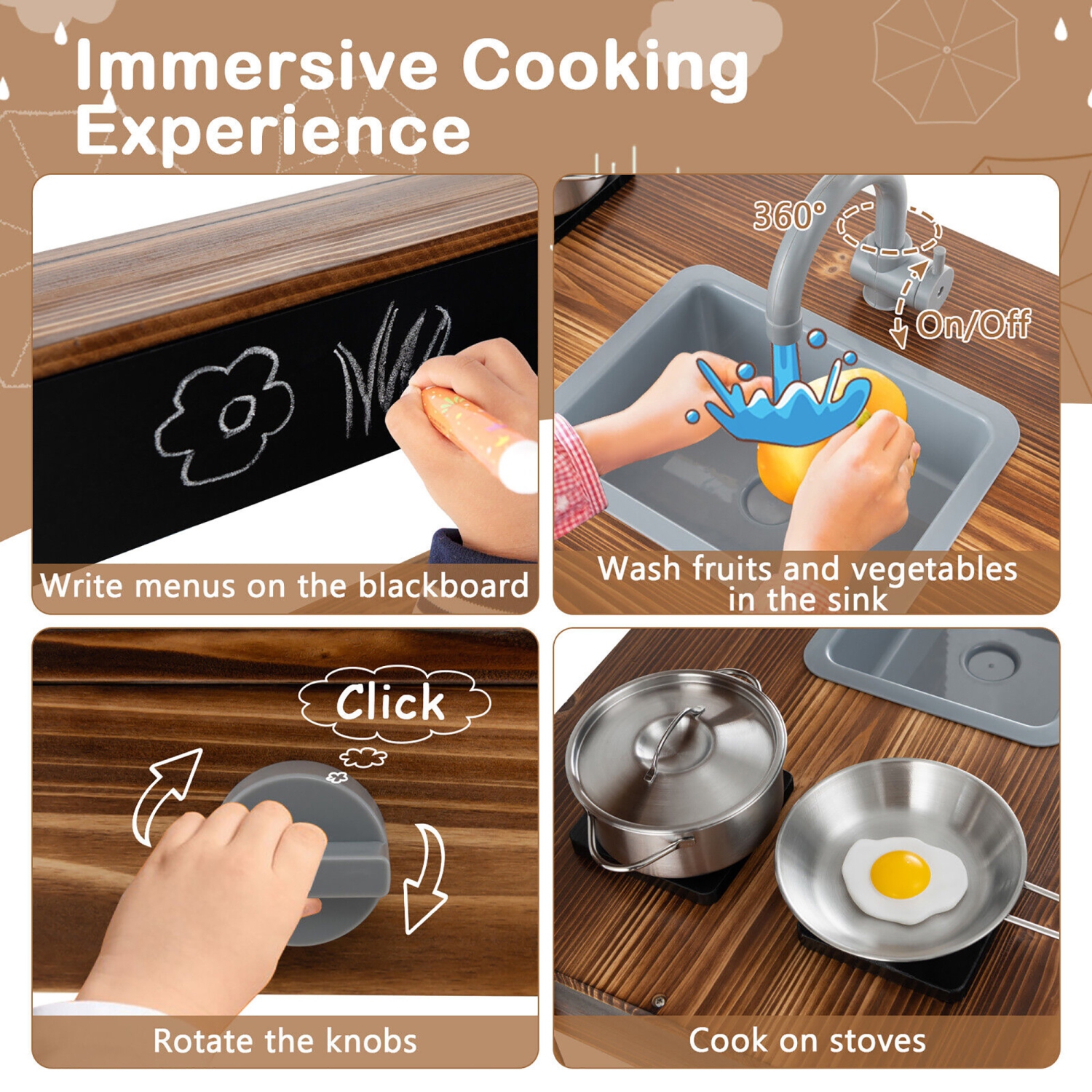 Gymax Kids Mud Kitchen Play Kitchen w/ Blackboard Stoves Removable Sink Natural